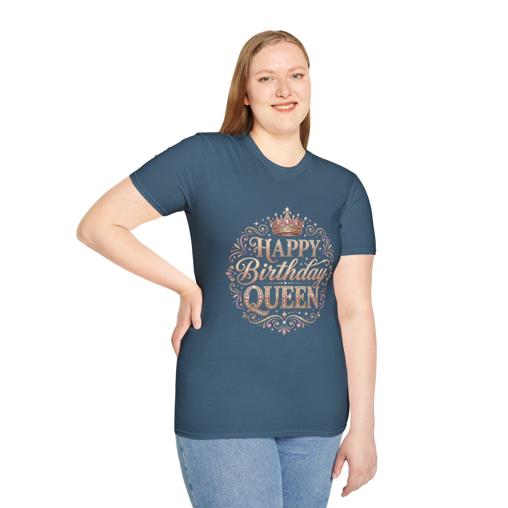 Happy Birthday Queen T-Shirt — Decorative Crown Birthday Tee for Women