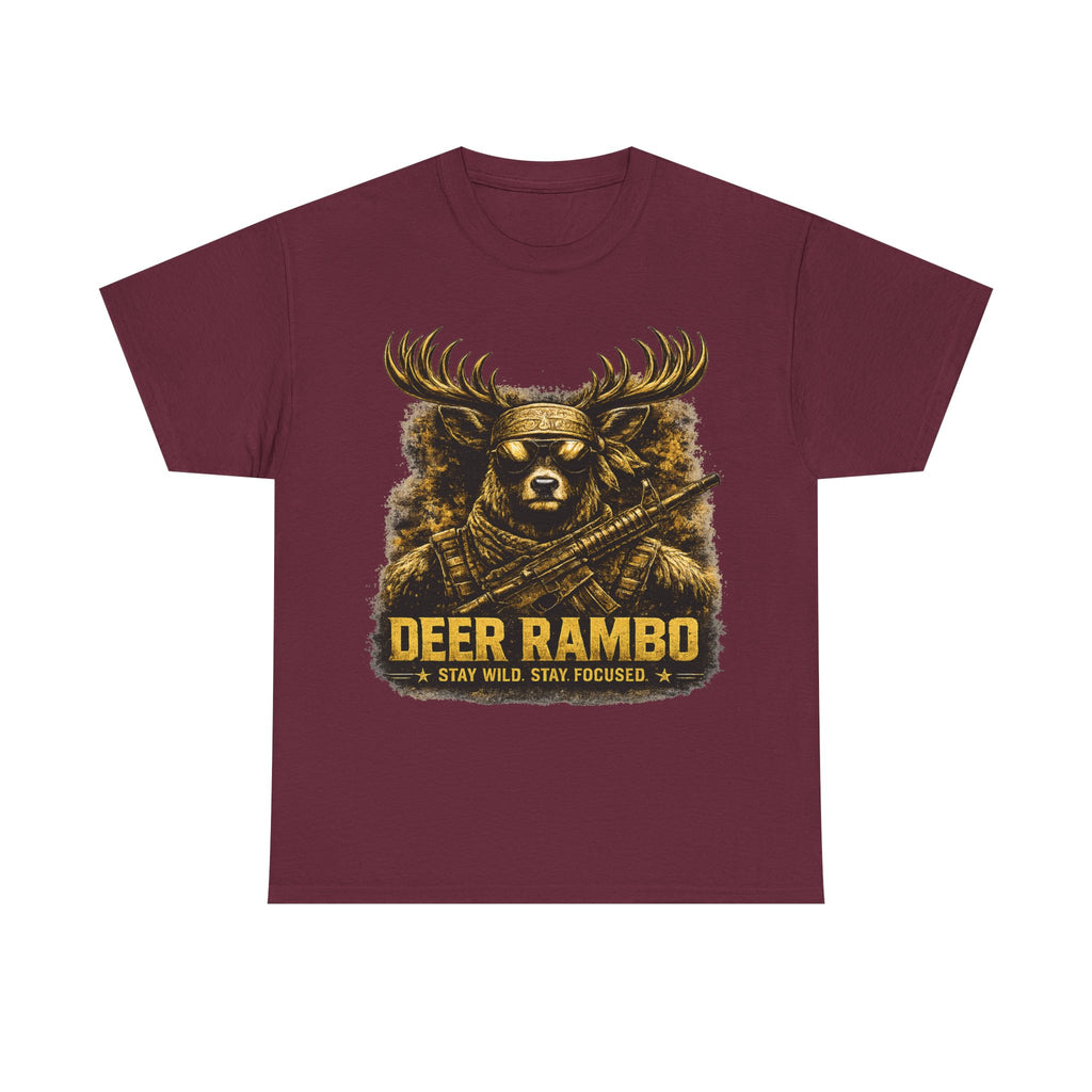 Deer Rambo Tee — 'Stay Wild, Stay Focused' Hunting Graphic T-Shirt