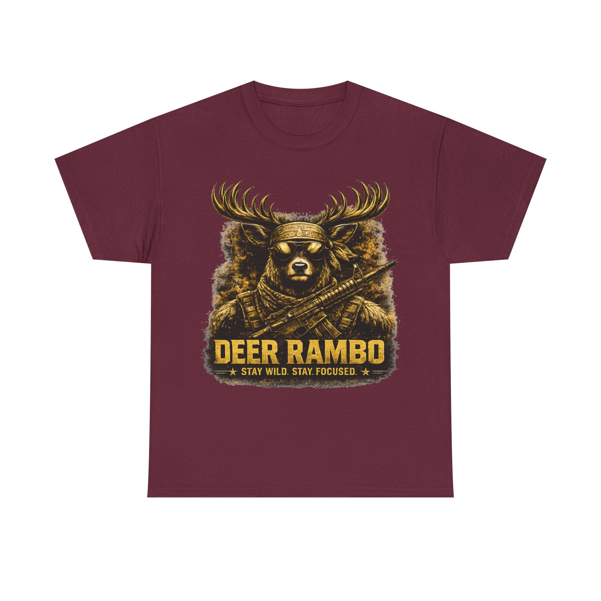 Deer Rambo Tee — 'Stay Wild, Stay Focused' Hunting Graphic T-Shirt