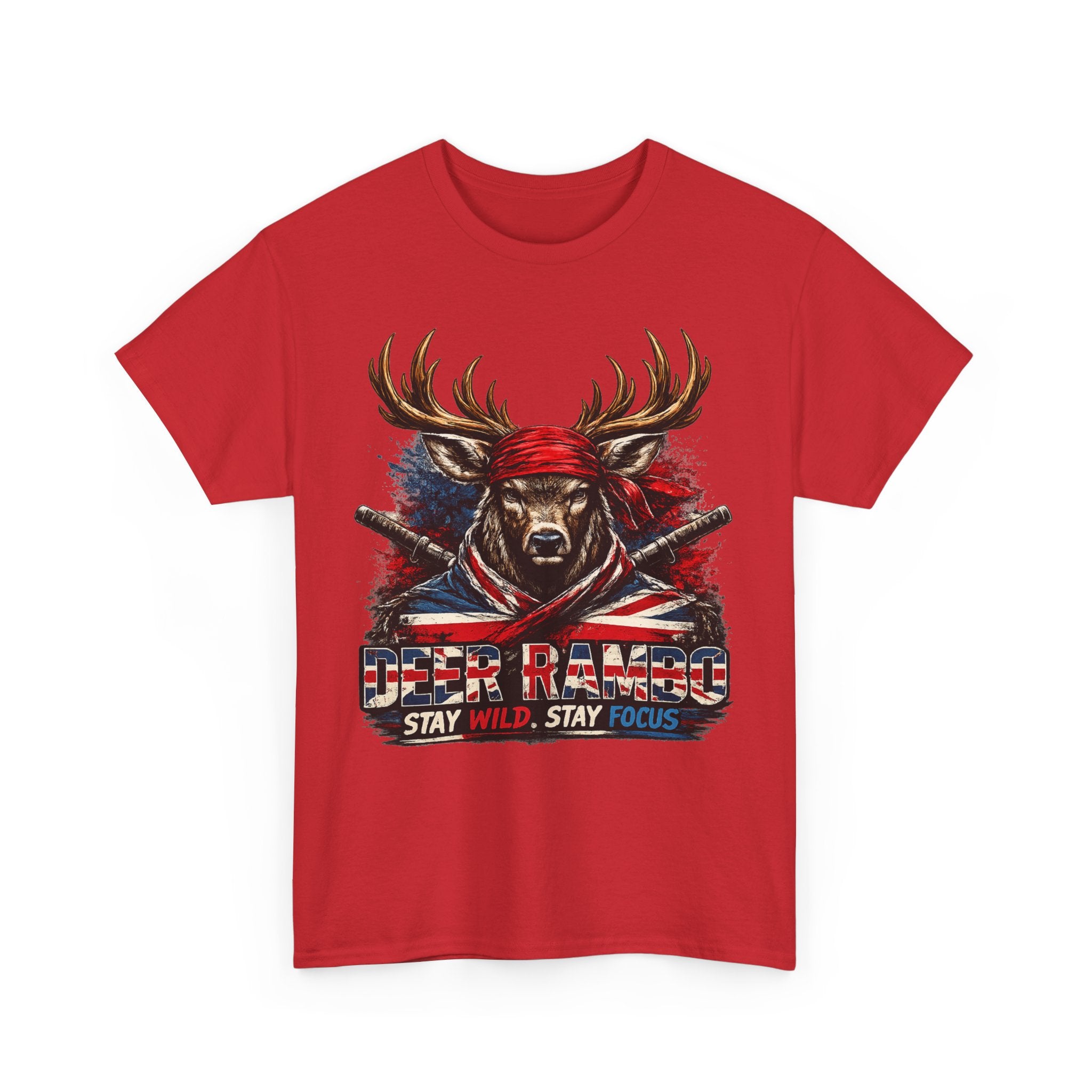 Deer Rambo Patriotic T‑Shirt — "Stay Wild, Stay Focus" Hunting Tee