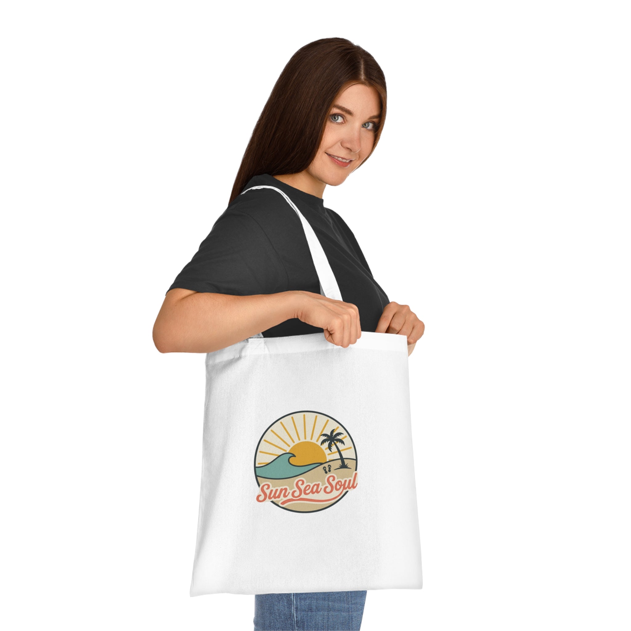 Sun Sea Soul Cotton Tote — Retro Beach Sunrise Tote Bag