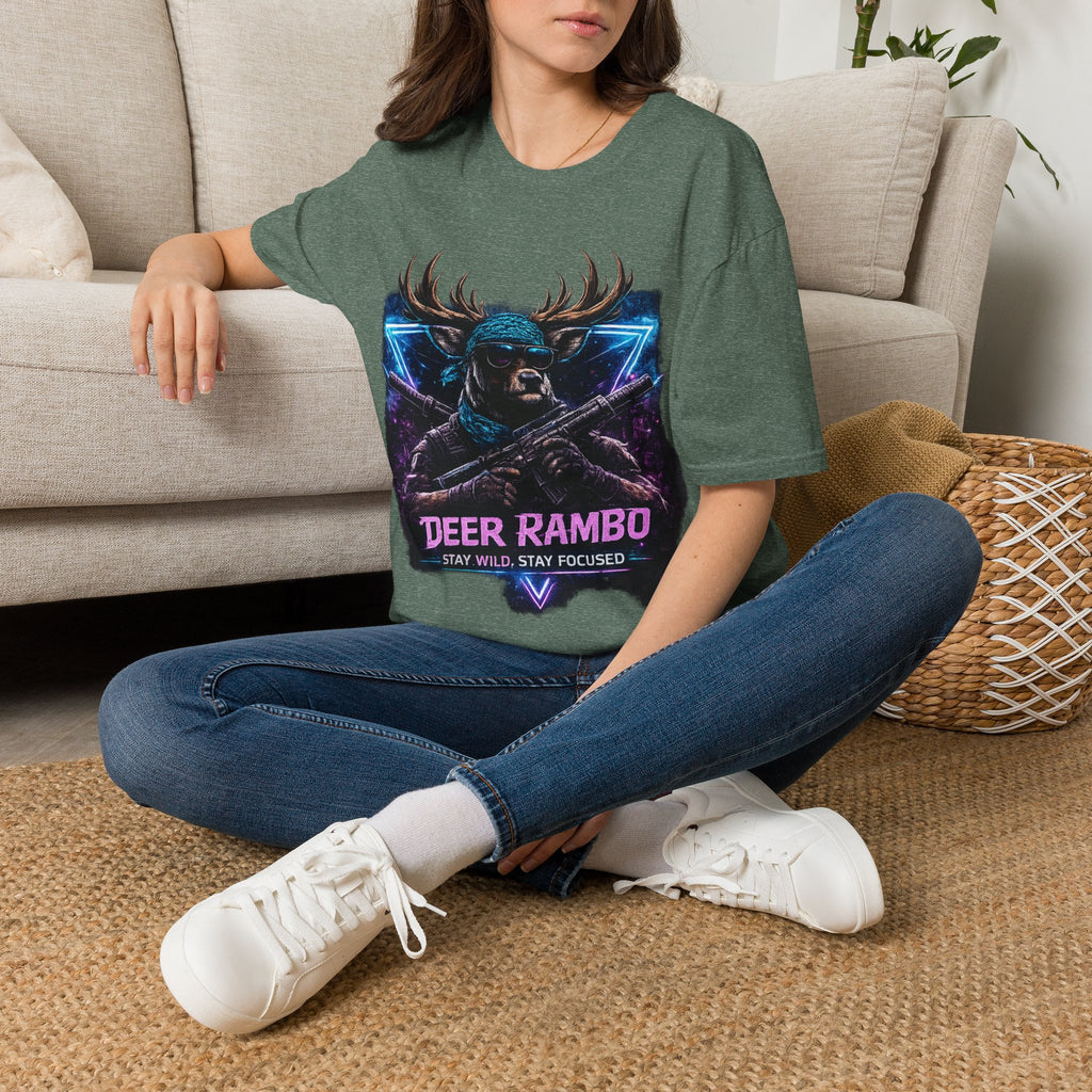 Deer Rambo Graphic T-Shirt — Neon Retro Buck Hunting Tee