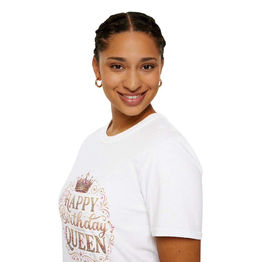 Happy Birthday Queen T-Shirt — Decorative Crown Birthday Tee for Women
