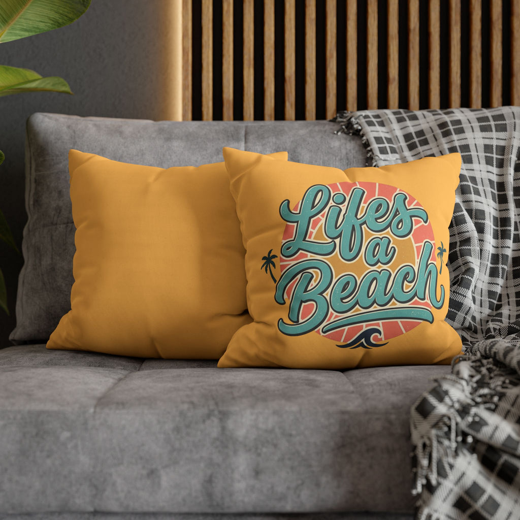 Life's a Beach Square Pillow Cover — Retro Surf Quote Decorative Throw Pillowcase