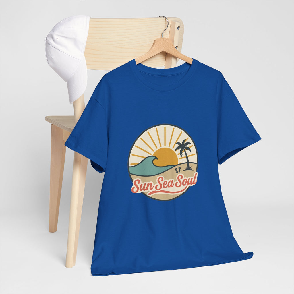 Sun Sea Soul Beach T-Shirt — Retro Sunset Palm Tee