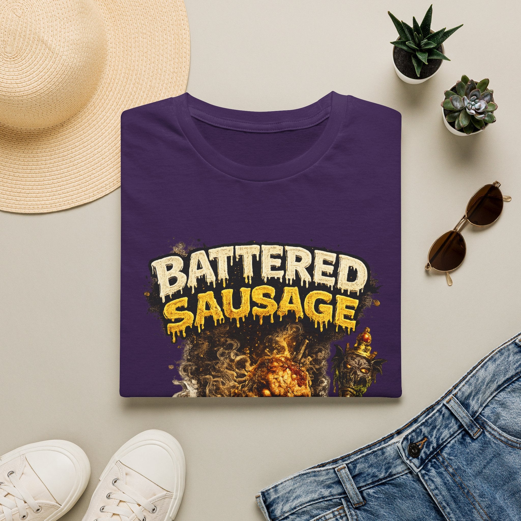 Battered Sausage Graphic T‑Shirt — Flaming Horror Band Tee