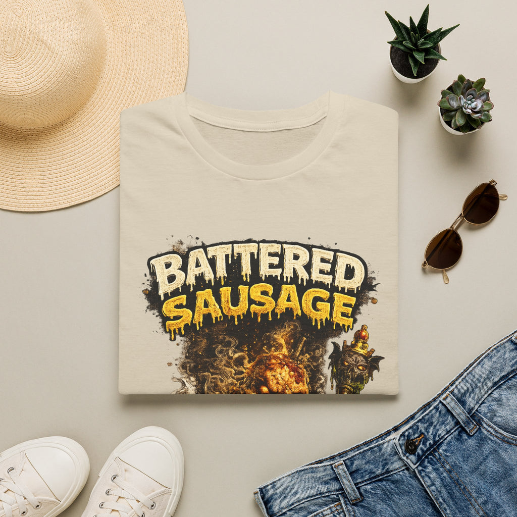 Battered Sausage Graphic T‑Shirt — Flaming Horror Band Tee