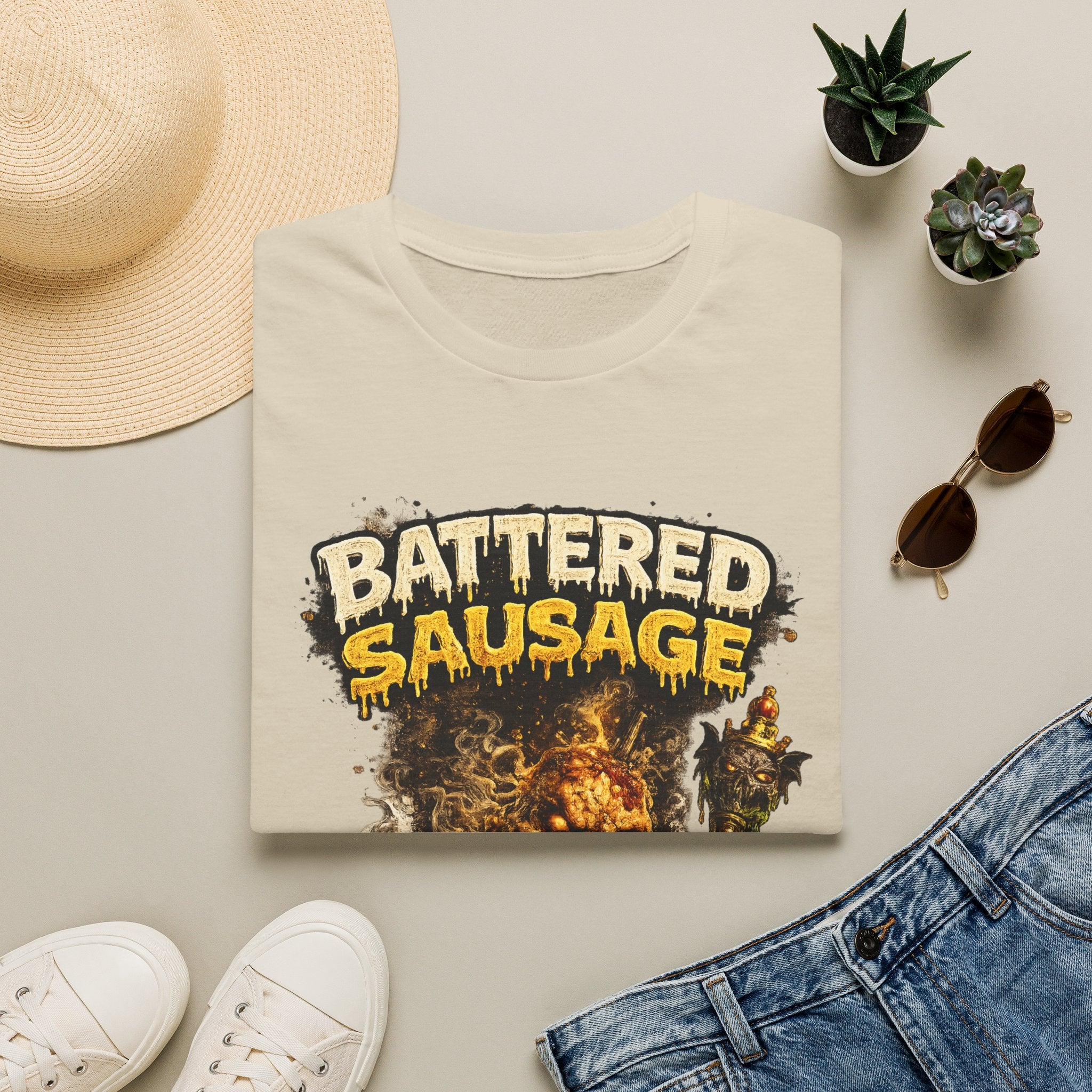 Battered Sausage Graphic T‑Shirt — Flaming Horror Band Tee
