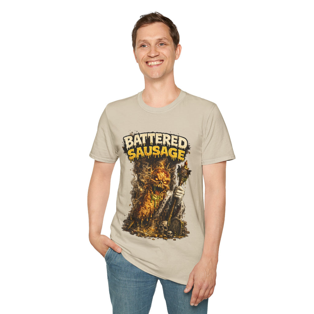 Battered Sausage Graphic T‑Shirt — Flaming Horror Band Tee