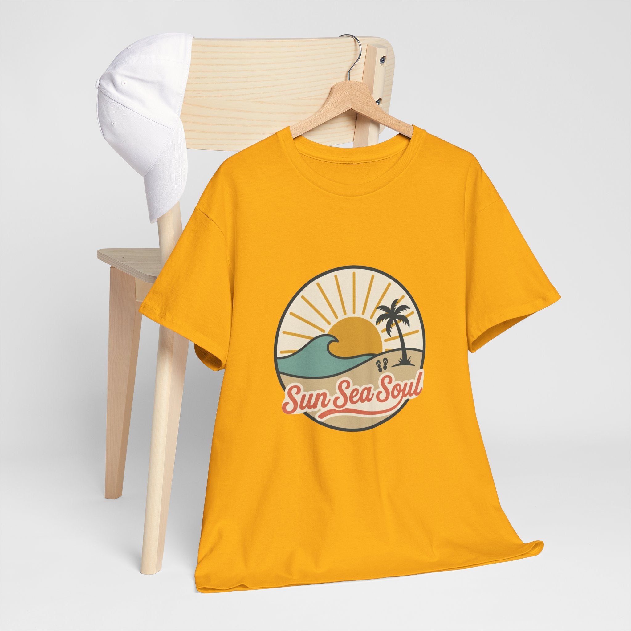 Sun Sea Soul Beach T-Shirt — Retro Sunset Palm Tee