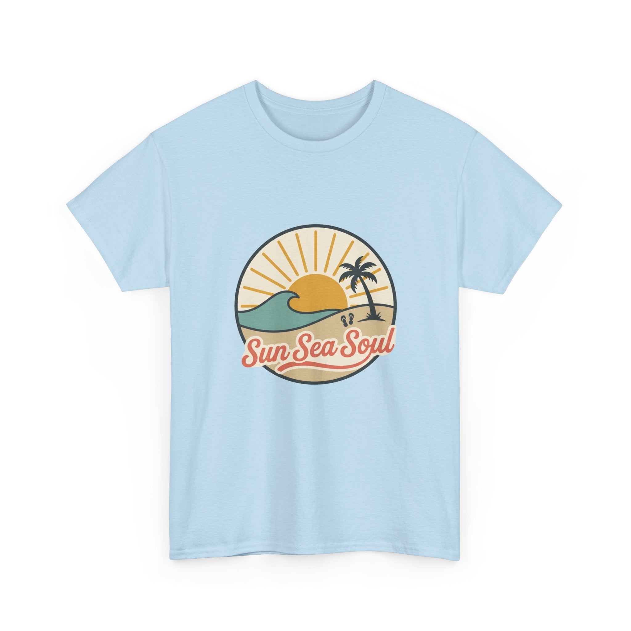 Sun Sea Soul Beach T-Shirt — Retro Sunset Palm Tee