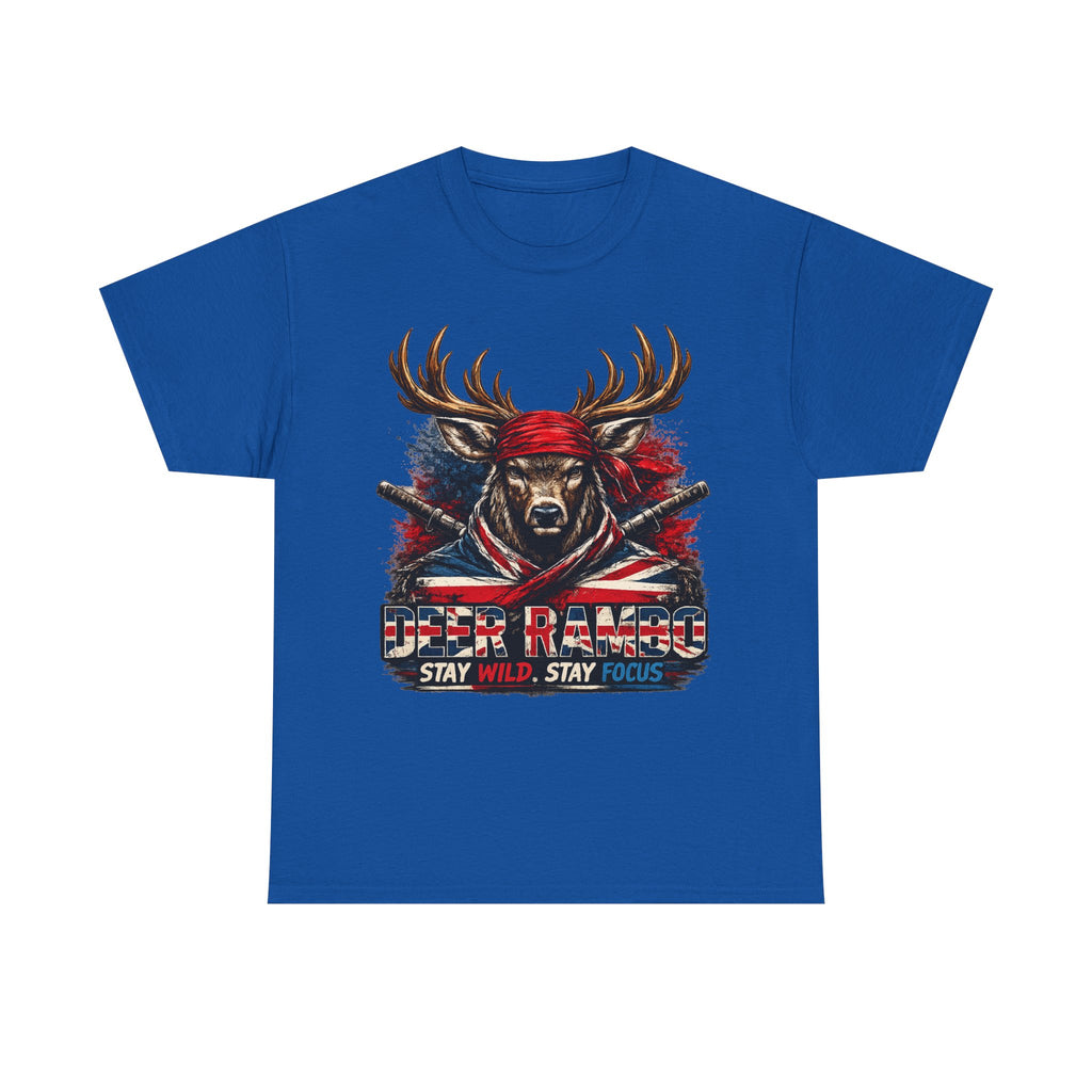 Deer Rambo Patriotic T‑Shirt — "Stay Wild, Stay Focus" Hunting Tee