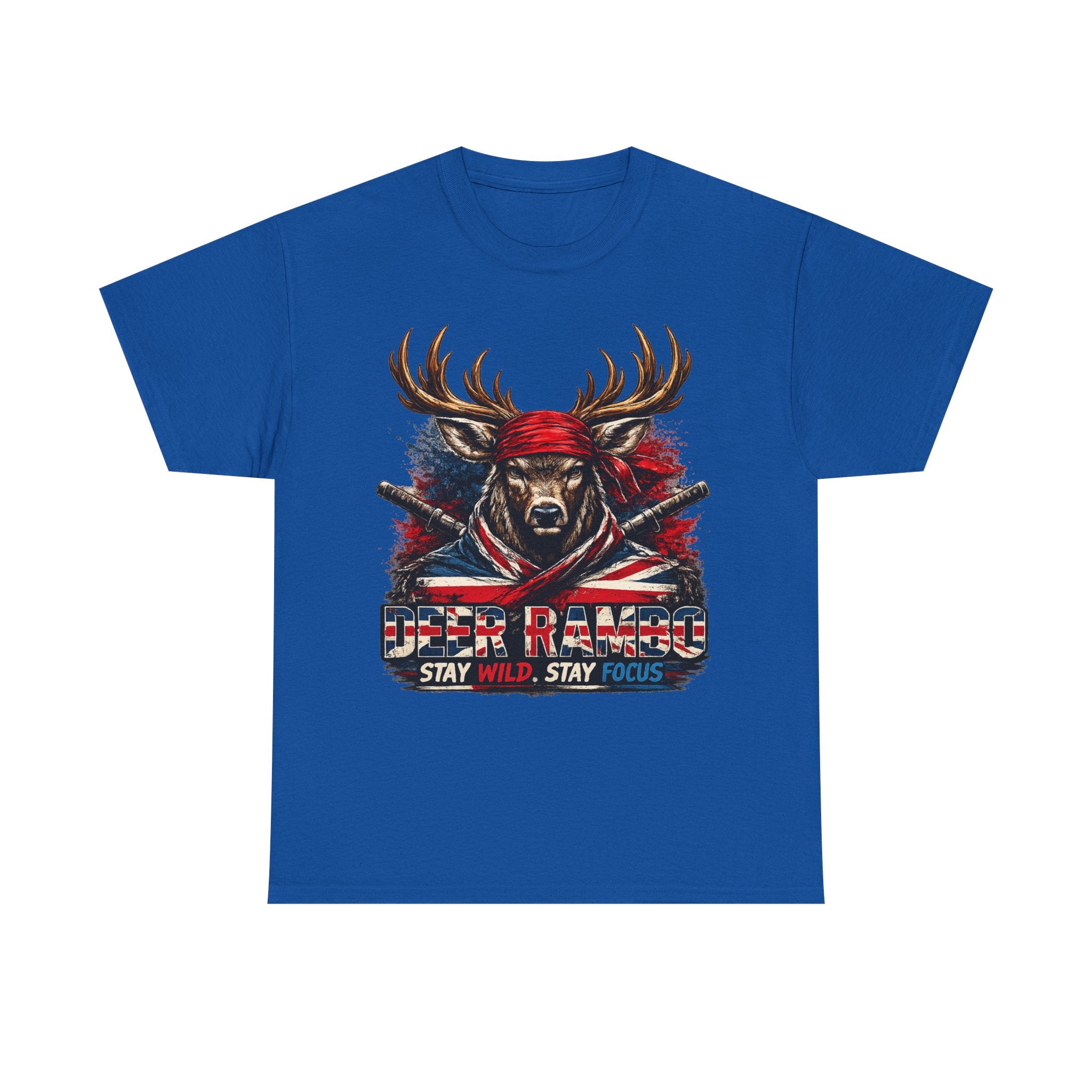 Deer Rambo Patriotic T‑Shirt — "Stay Wild, Stay Focus" Hunting Tee