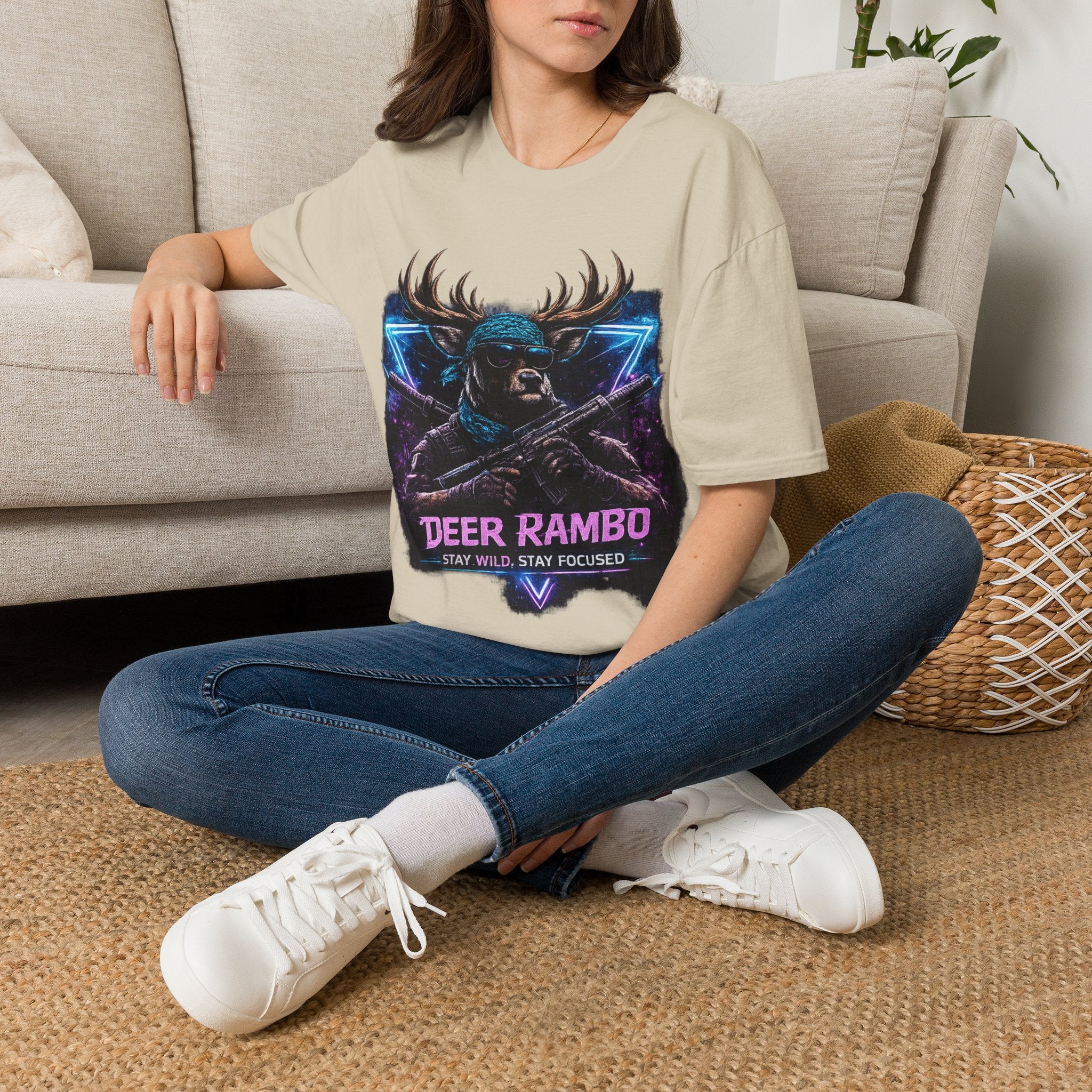 Deer Rambo Graphic T-Shirt — Neon Retro Buck Hunting Tee