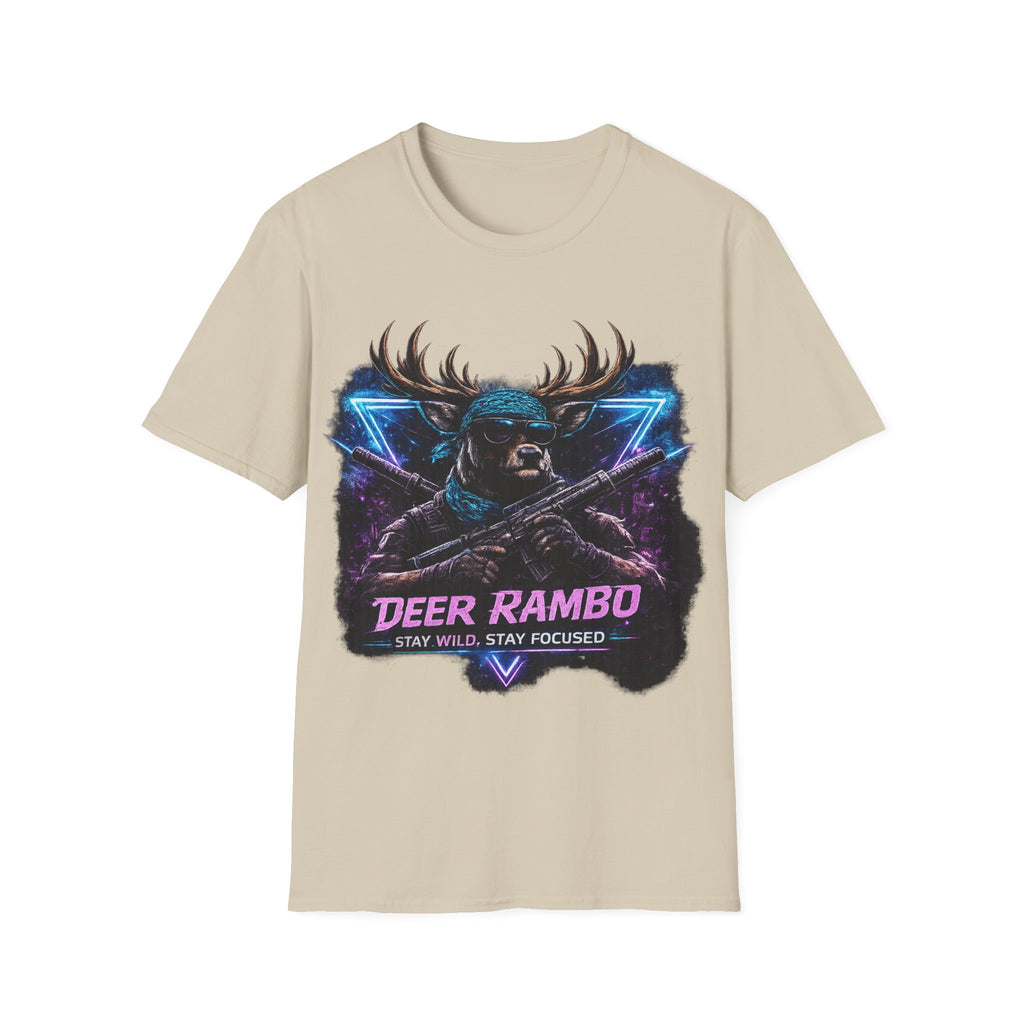 Deer Rambo Graphic T-Shirt — Neon Retro Buck Hunting Tee