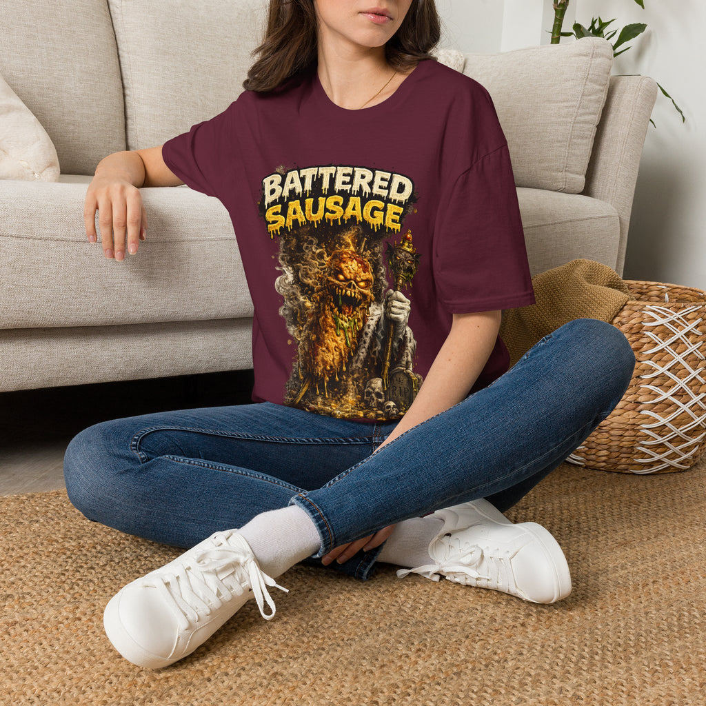 Battered Sausage Graphic T‑Shirt — Flaming Horror Band Tee