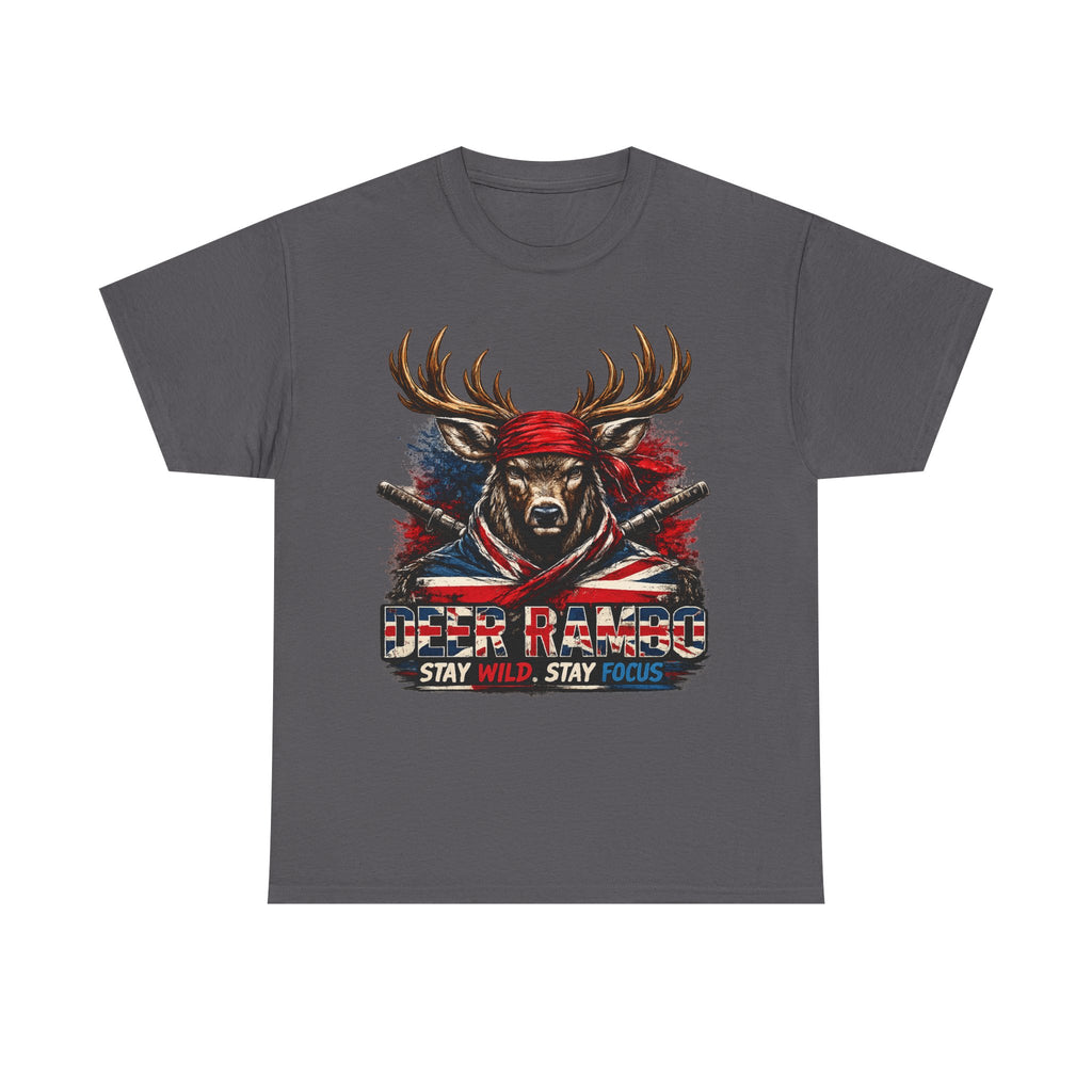 Deer Rambo Patriotic T‑Shirt — "Stay Wild, Stay Focus" Hunting Tee