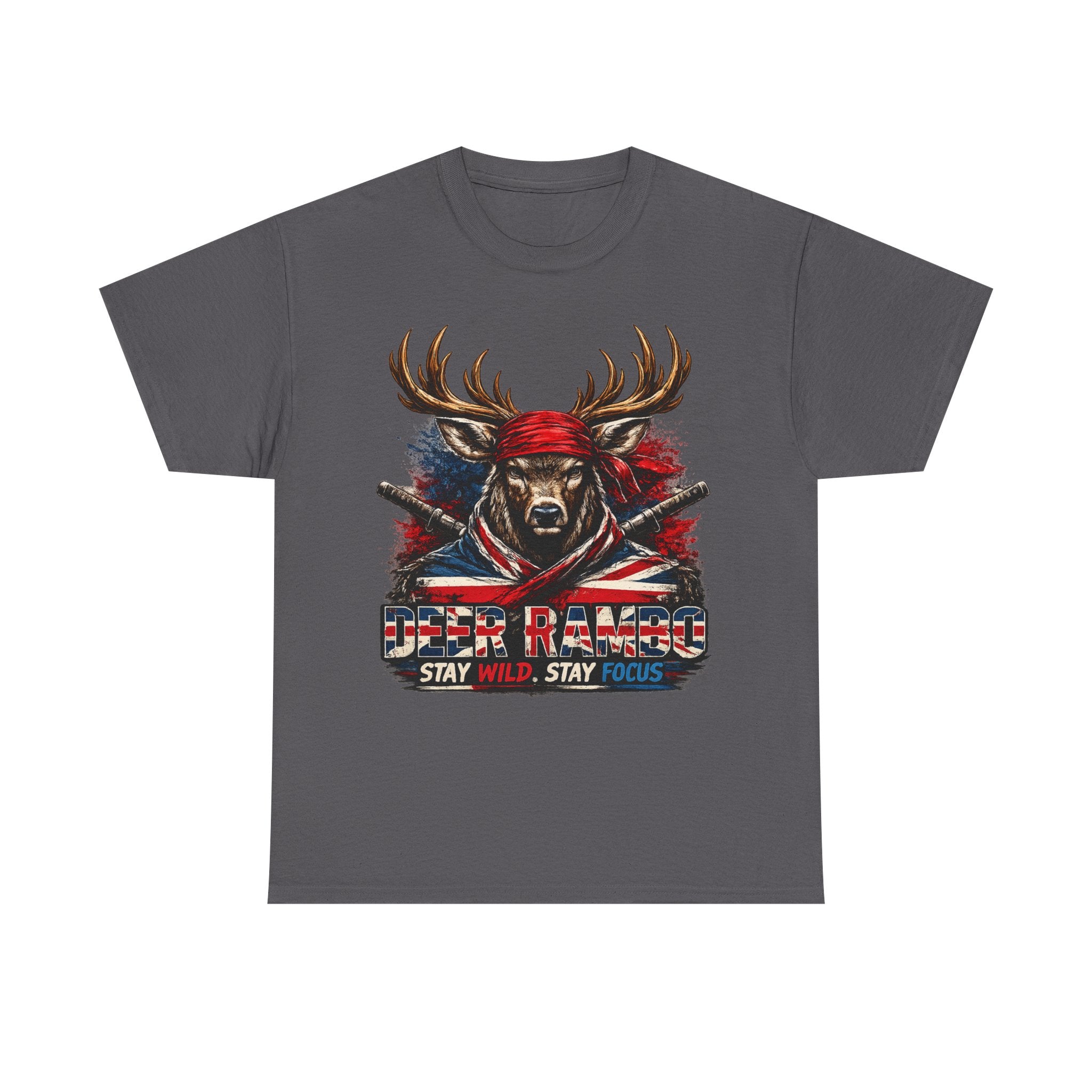 Deer Rambo Patriotic T‑Shirt — "Stay Wild, Stay Focus" Hunting Tee