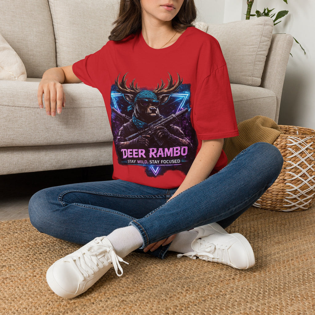Deer Rambo Graphic T-Shirt — Neon Retro Buck Hunting Tee