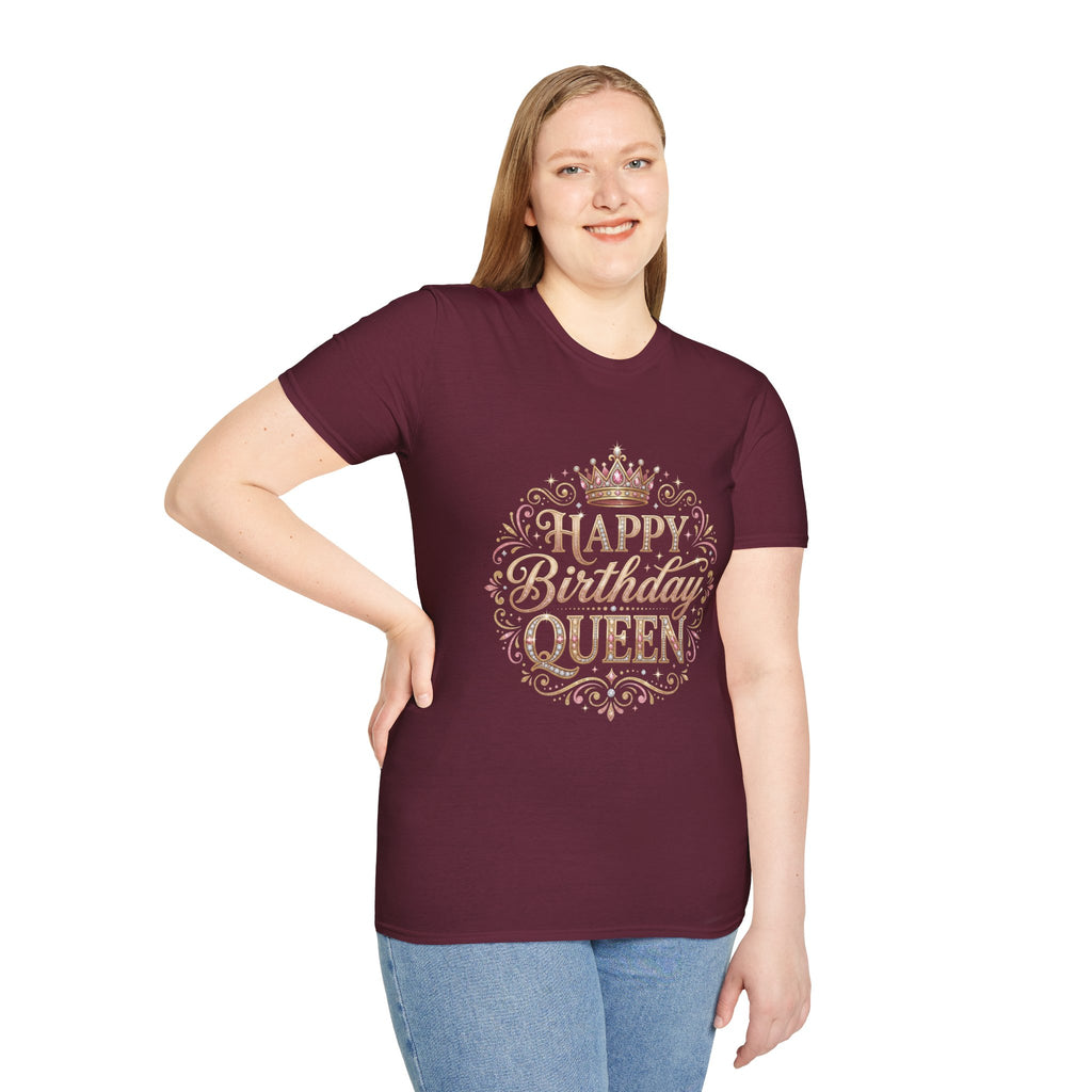 Happy Birthday Queen T-Shirt — Decorative Crown Birthday Tee for Women