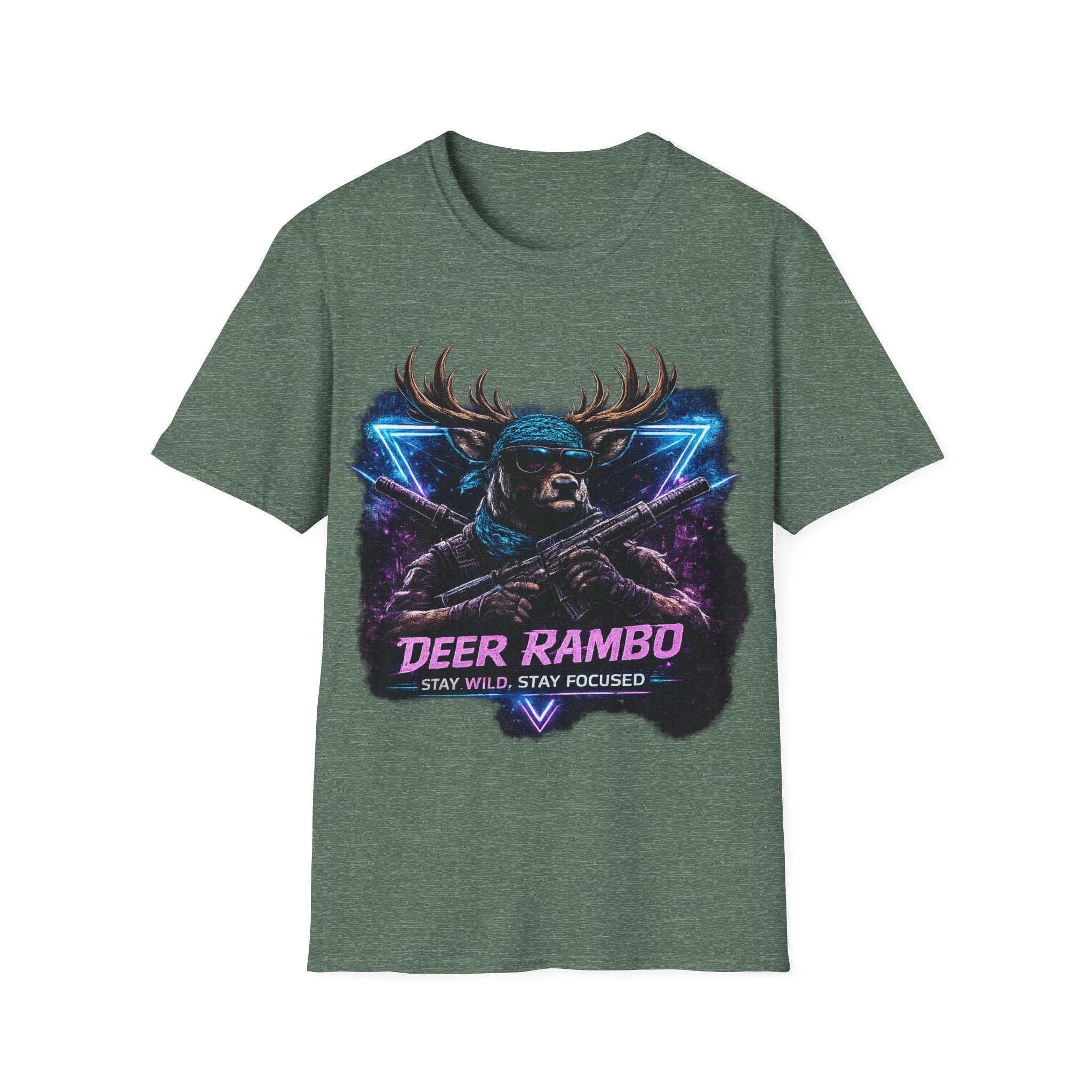 Deer Rambo Graphic T-Shirt — Neon Retro Buck Hunting Tee