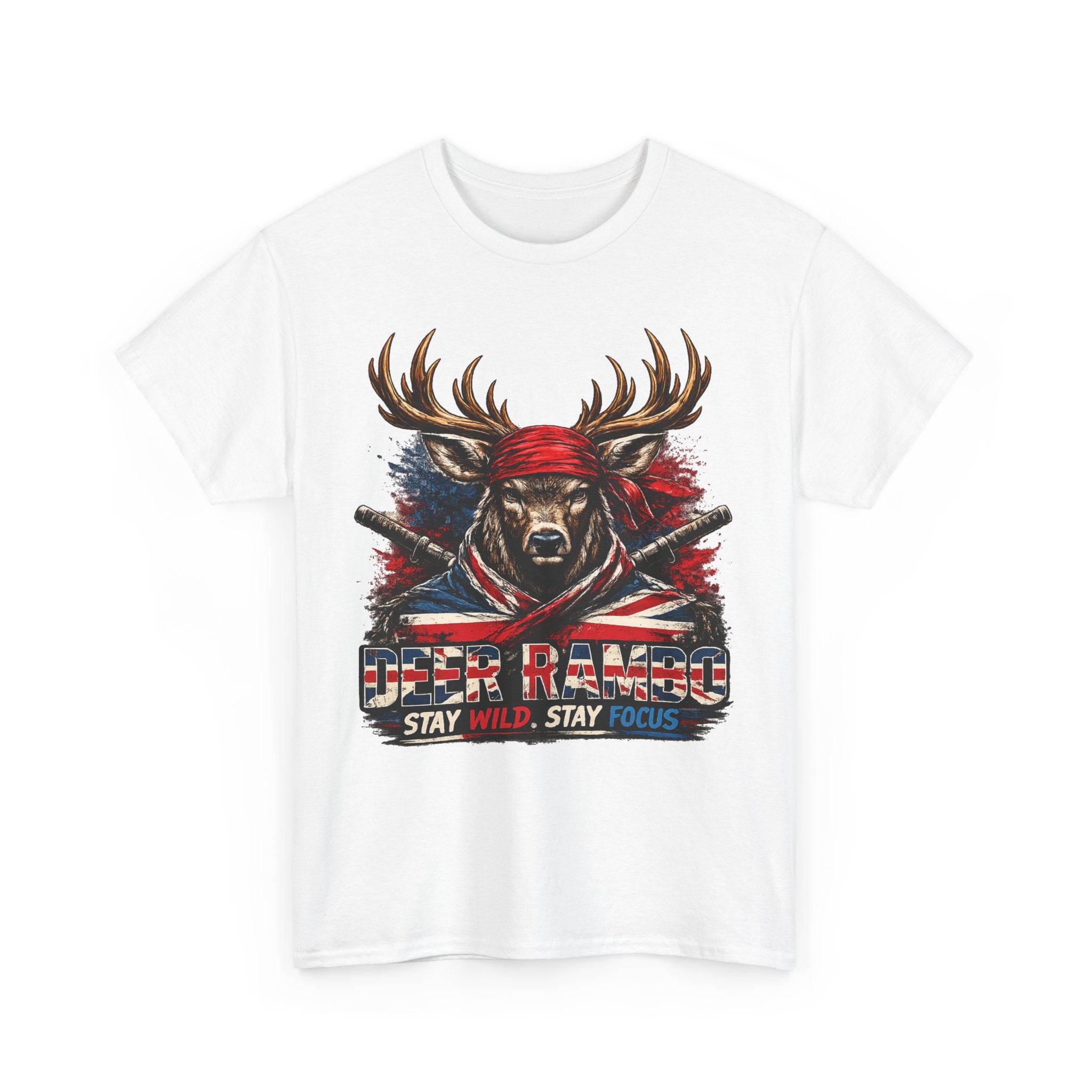 Deer Rambo Patriotic T‑Shirt — "Stay Wild, Stay Focus" Hunting Tee