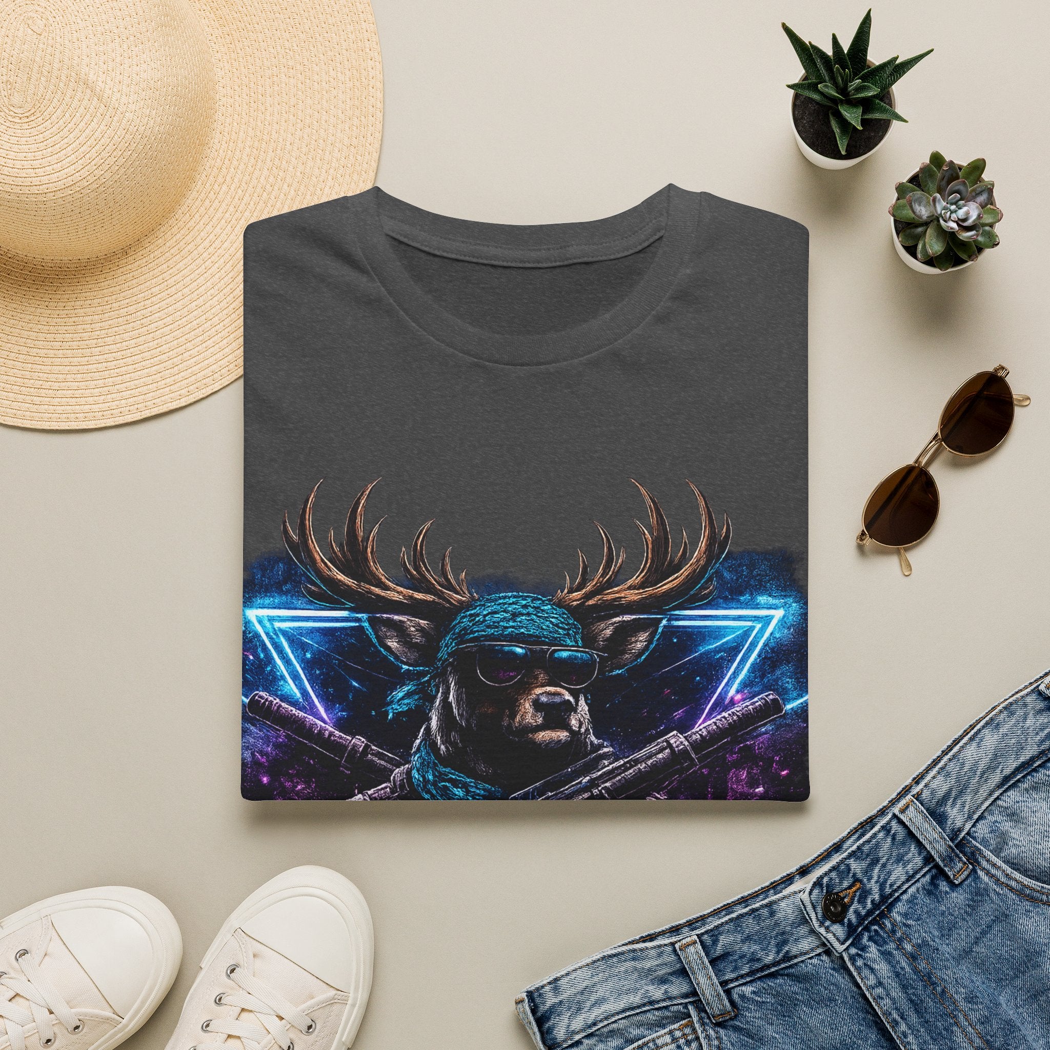 Deer Rambo Graphic T-Shirt — Neon Retro Buck Hunting Tee