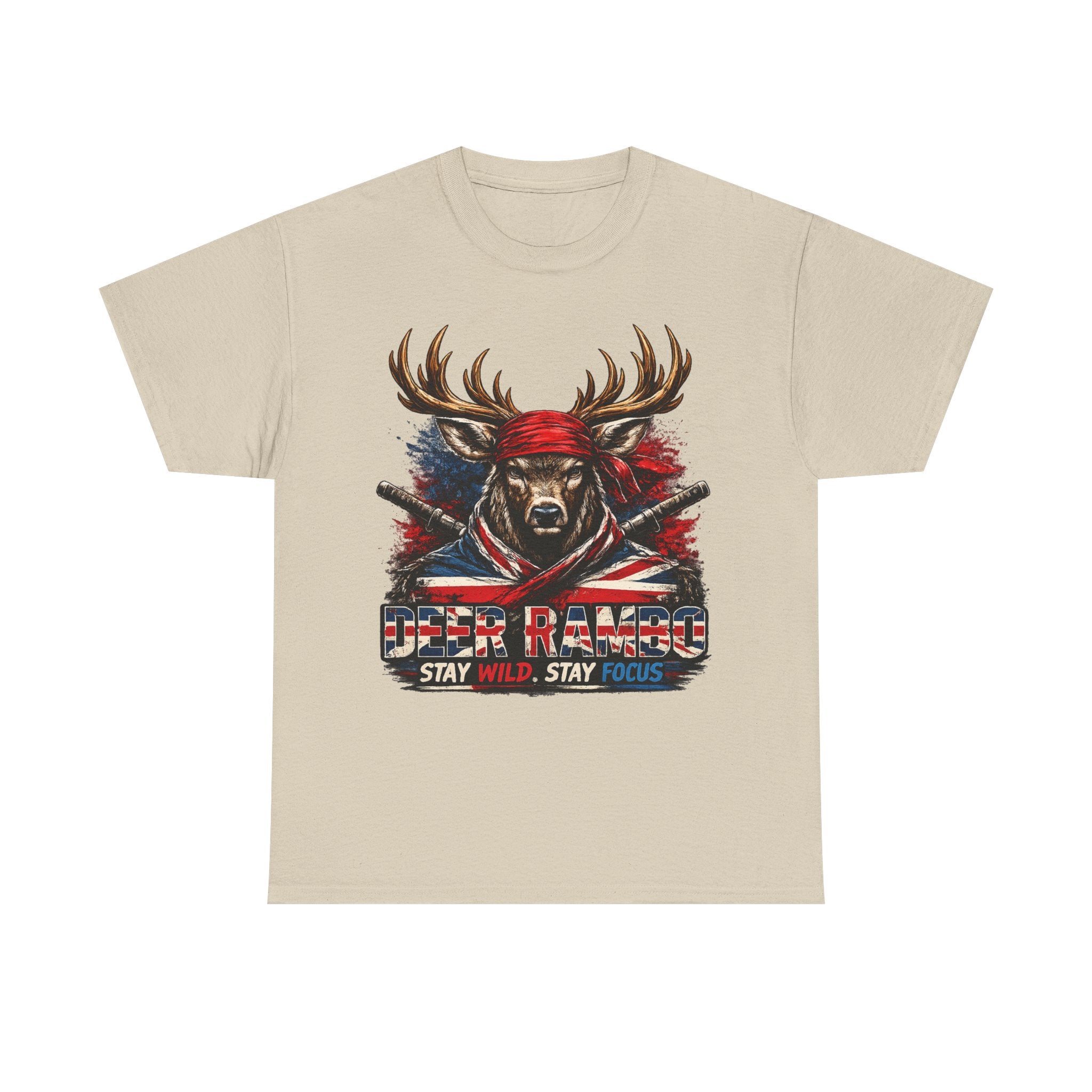 Deer Rambo Patriotic T‑Shirt — "Stay Wild, Stay Focus" Hunting Tee