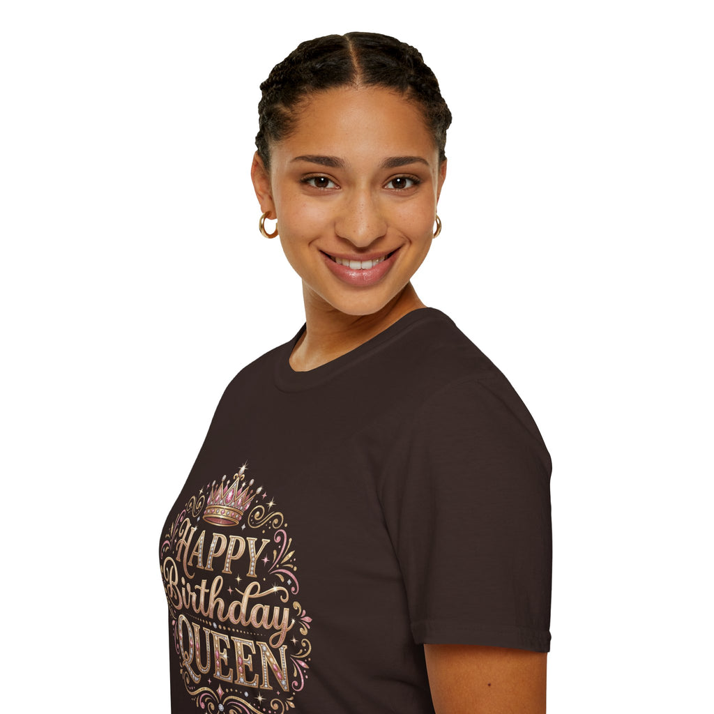 Happy Birthday Queen T-Shirt — Decorative Crown Birthday Tee for Women