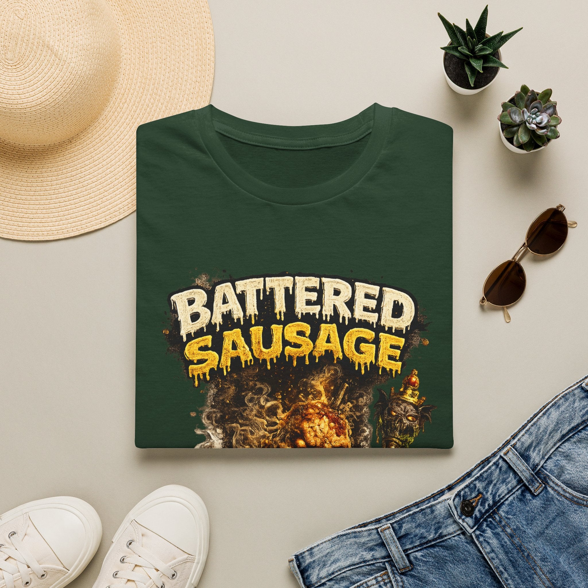 Battered Sausage Graphic T‑Shirt — Flaming Horror Band Tee