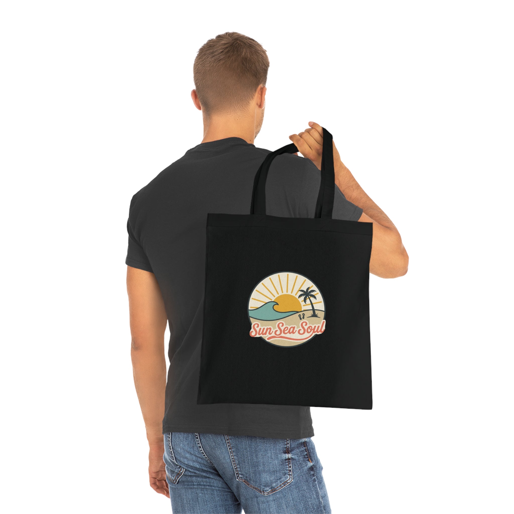Sun Sea Soul Cotton Tote — Retro Beach Sunrise Tote Bag