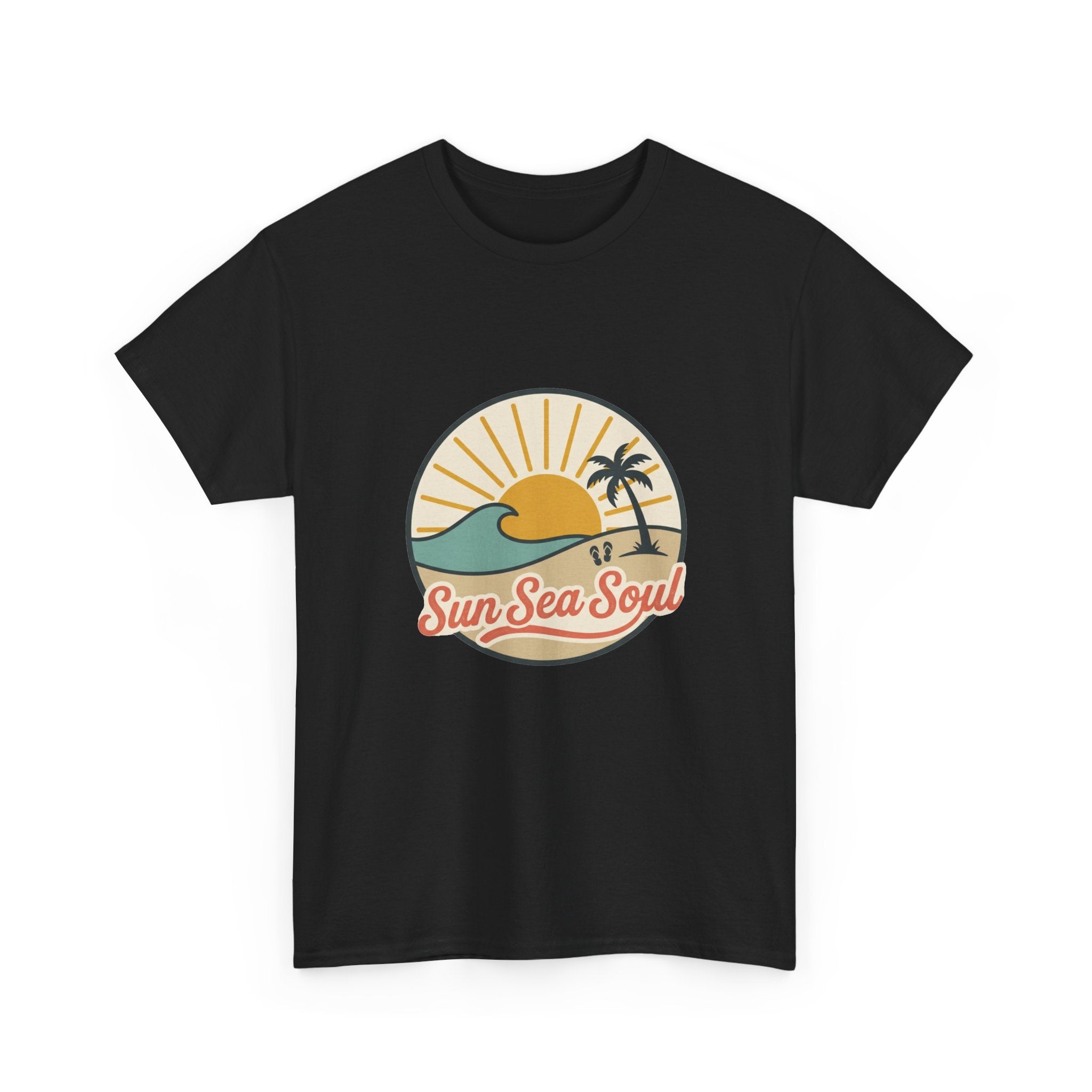 Sun Sea Soul Beach T-Shirt — Retro Sunset Palm Tee