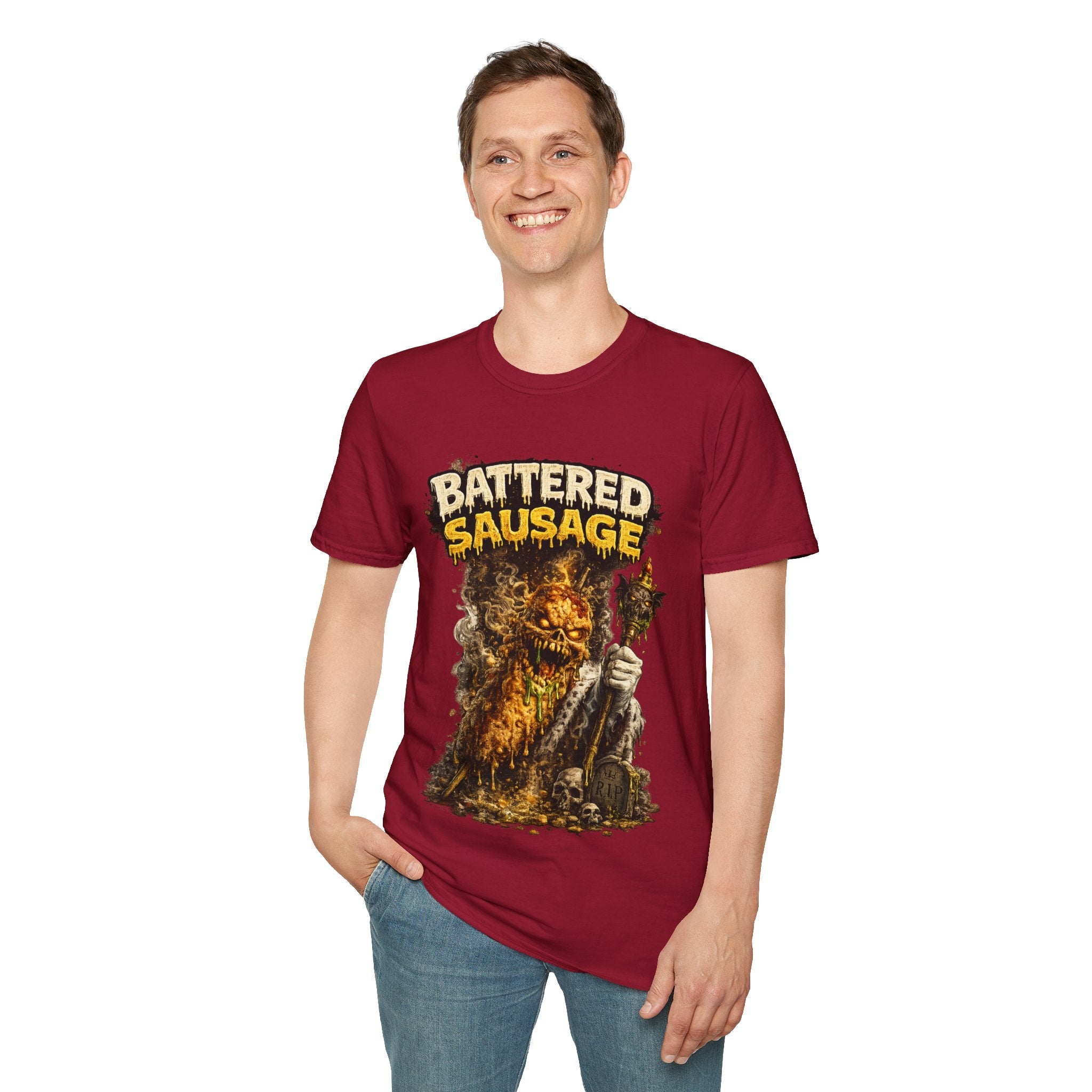 Battered Sausage Graphic T‑Shirt — Flaming Horror Band Tee