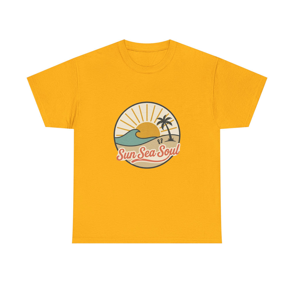 Sun Sea Soul Beach T-Shirt — Retro Sunset Palm Tee