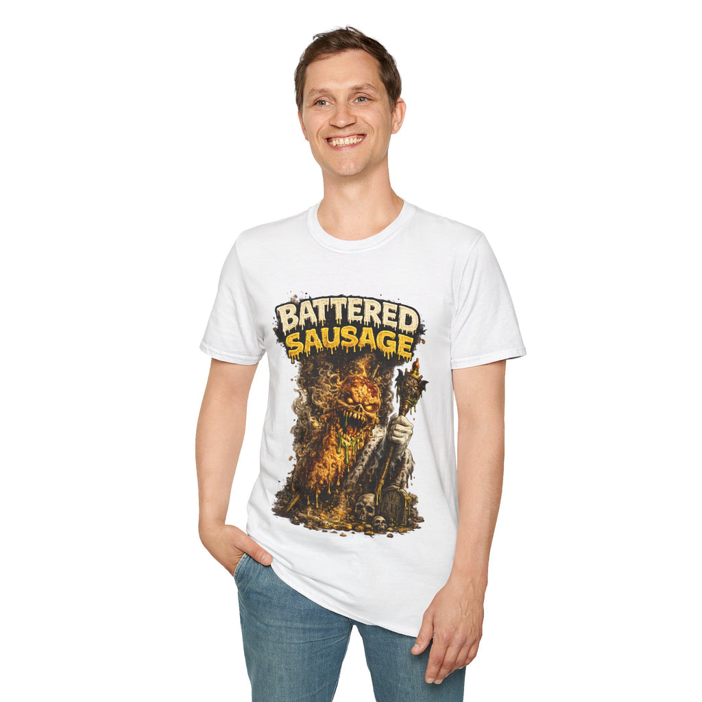 Battered Sausage Graphic T‑Shirt — Flaming Horror Band Tee