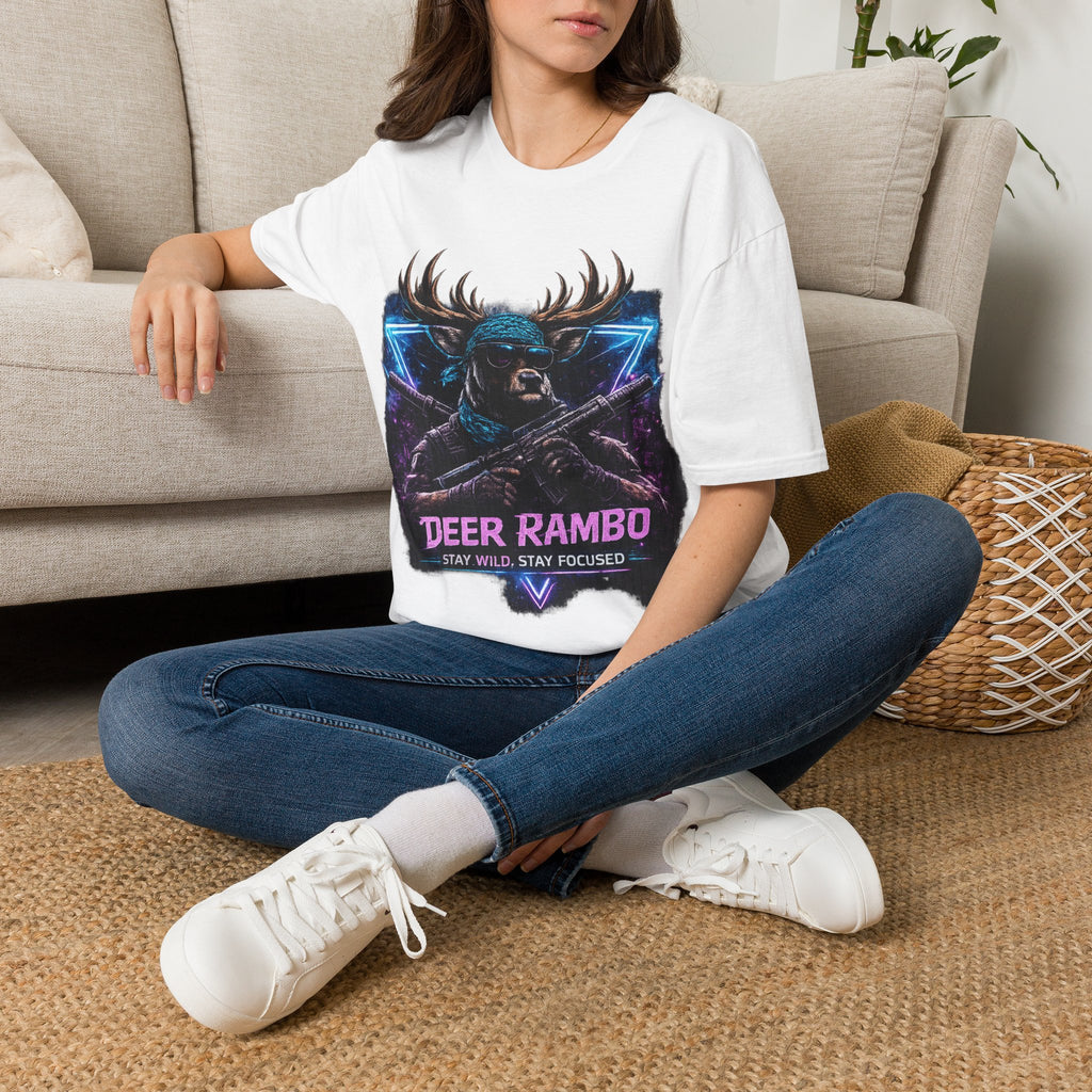 Deer Rambo Graphic T-Shirt — Neon Retro Buck Hunting Tee