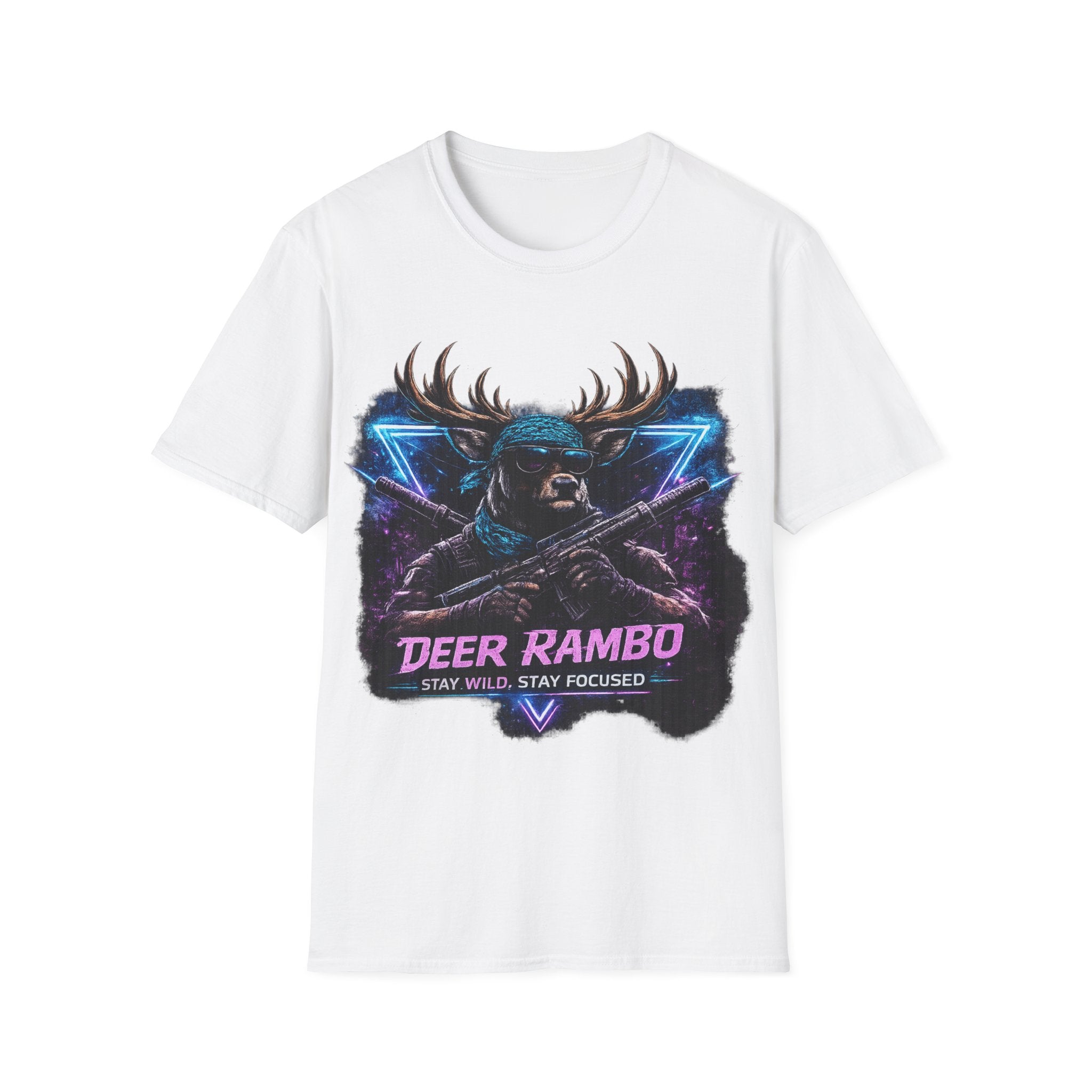 Deer Rambo Graphic T-Shirt — Neon Retro Buck Hunting Tee
