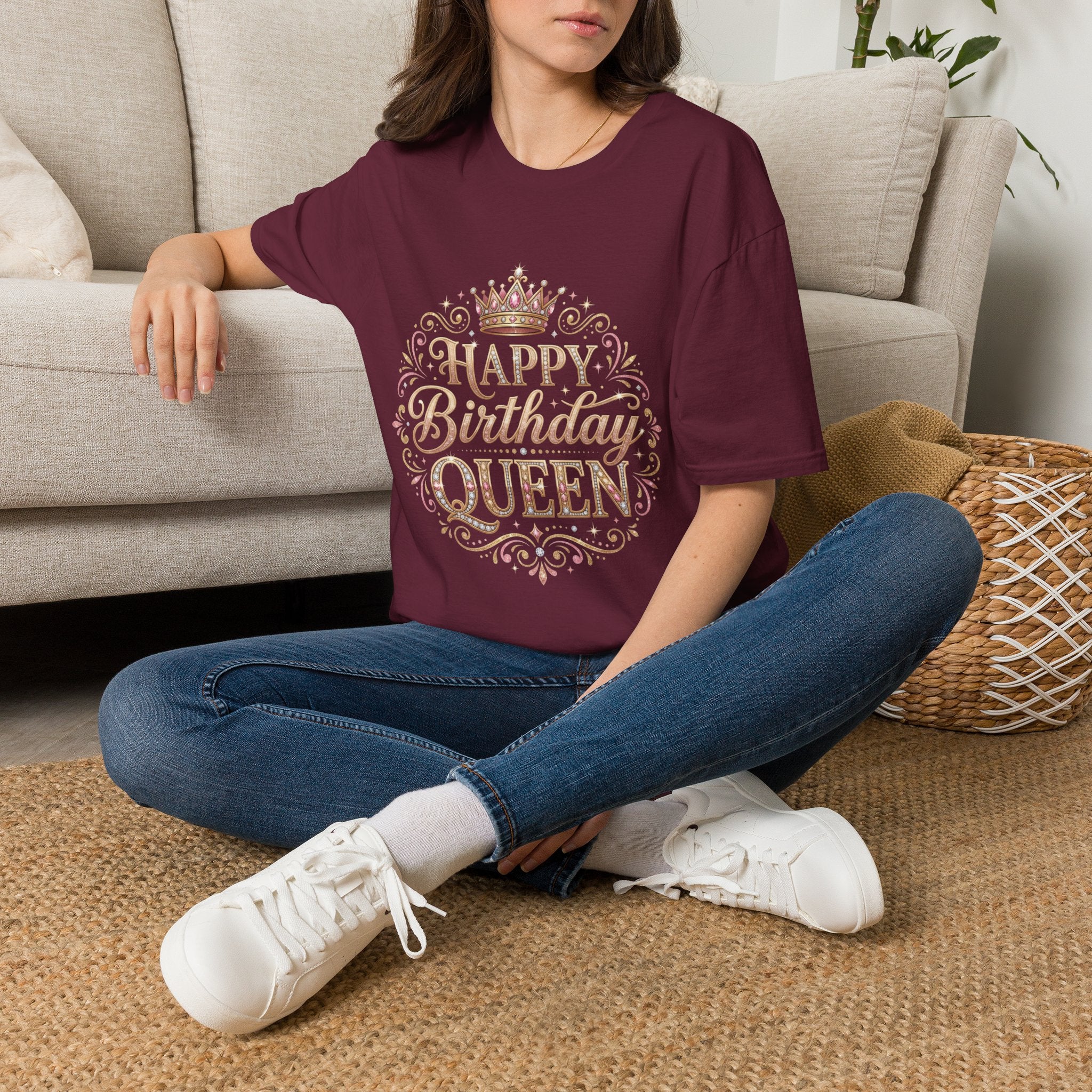 Happy Birthday Queen T-Shirt — Decorative Crown Birthday Tee for Women