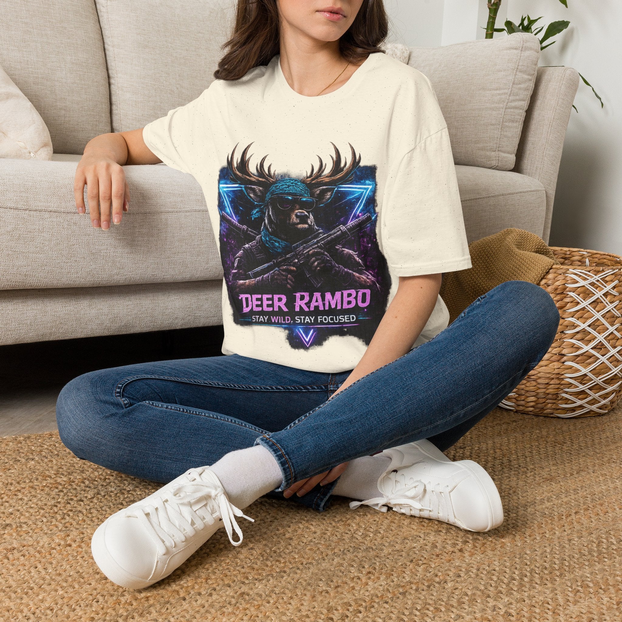 Deer Rambo Graphic T-Shirt — Neon Retro Buck Hunting Tee