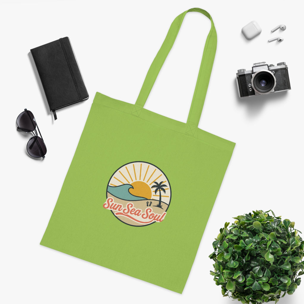 Sun Sea Soul Cotton Tote — Retro Beach Sunrise Tote Bag
