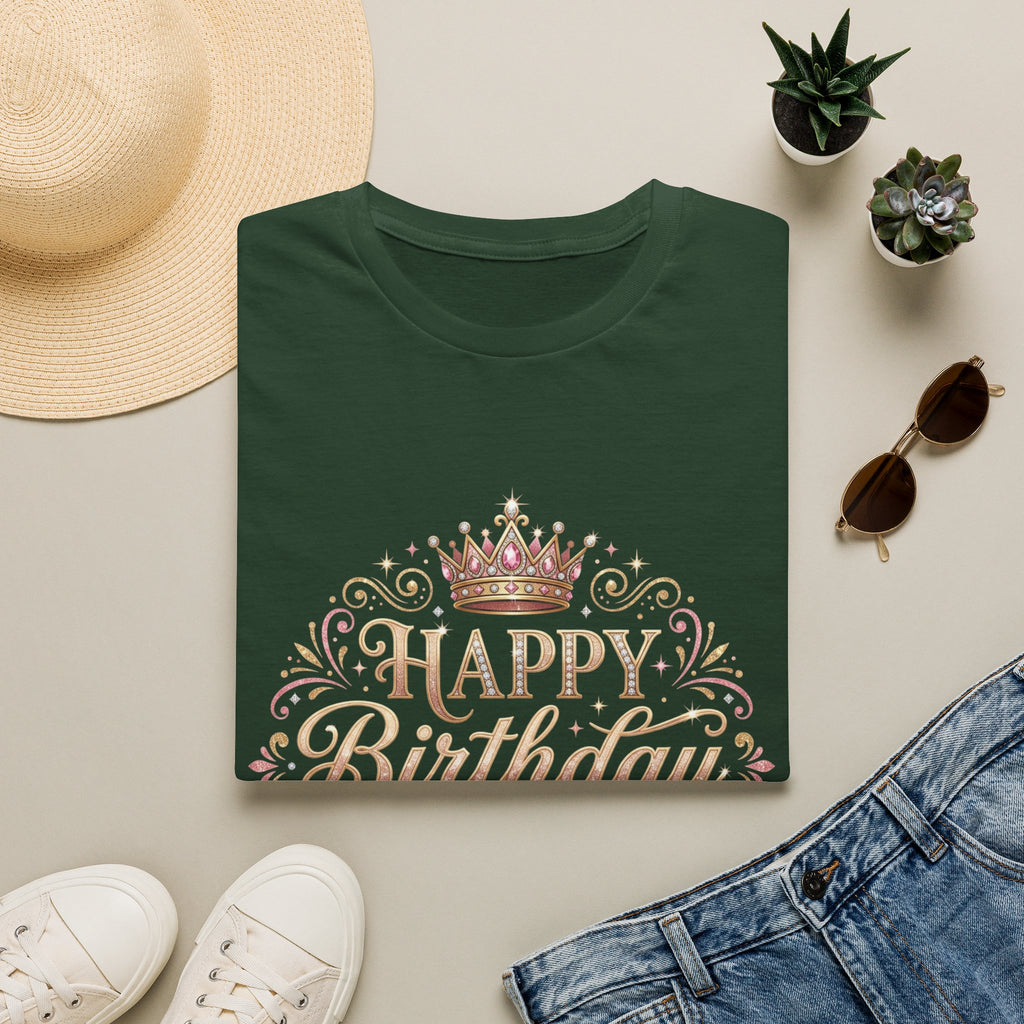 Happy Birthday Queen T-Shirt — Decorative Crown Birthday Tee for Women