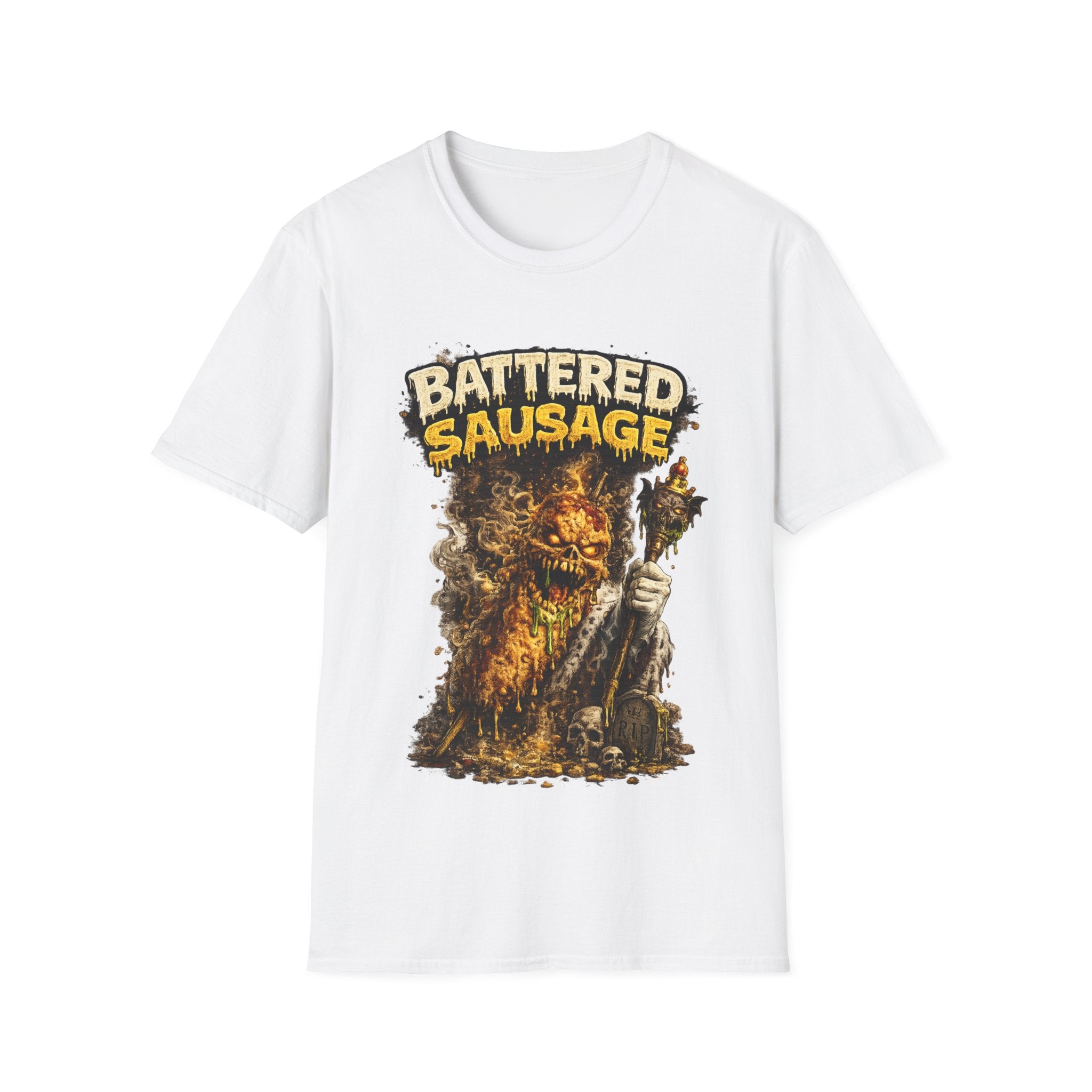 Battered Sausage Graphic T‑Shirt — Flaming Horror Band Tee