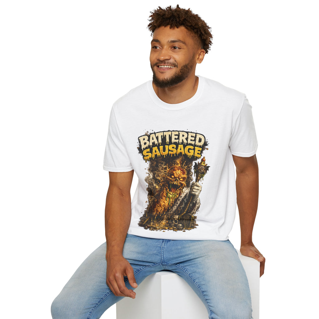 Battered Sausage Graphic T‑Shirt — Flaming Horror Band Tee