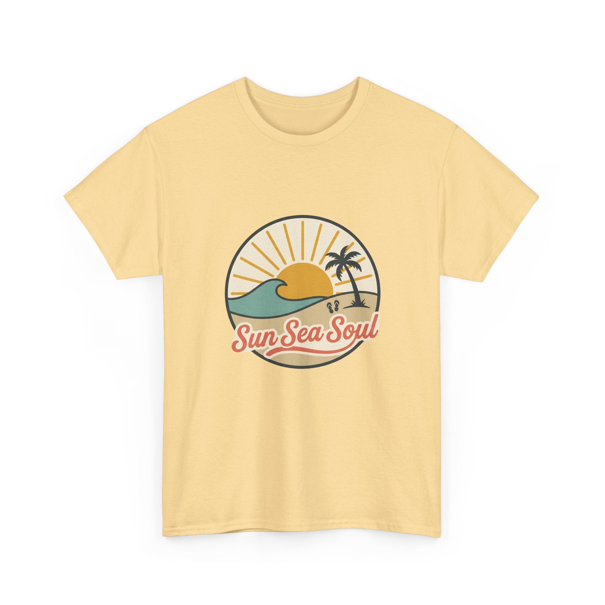 Sun Sea Soul Beach T-Shirt — Retro Sunset Palm Tee