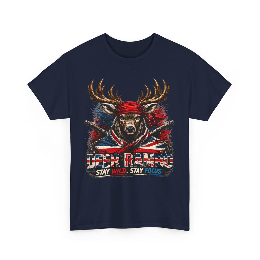 Deer Rambo Patriotic T‑Shirt — "Stay Wild, Stay Focus" Hunting Tee