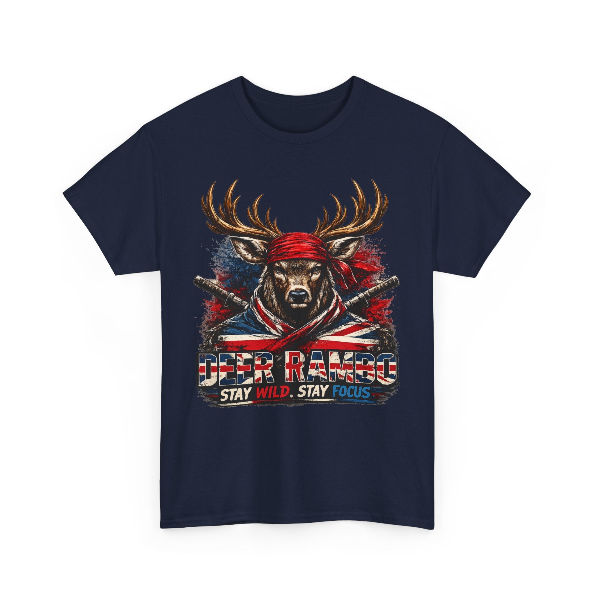 Deer Rambo Patriotic T‑Shirt — "Stay Wild, Stay Focus" Hunting Tee