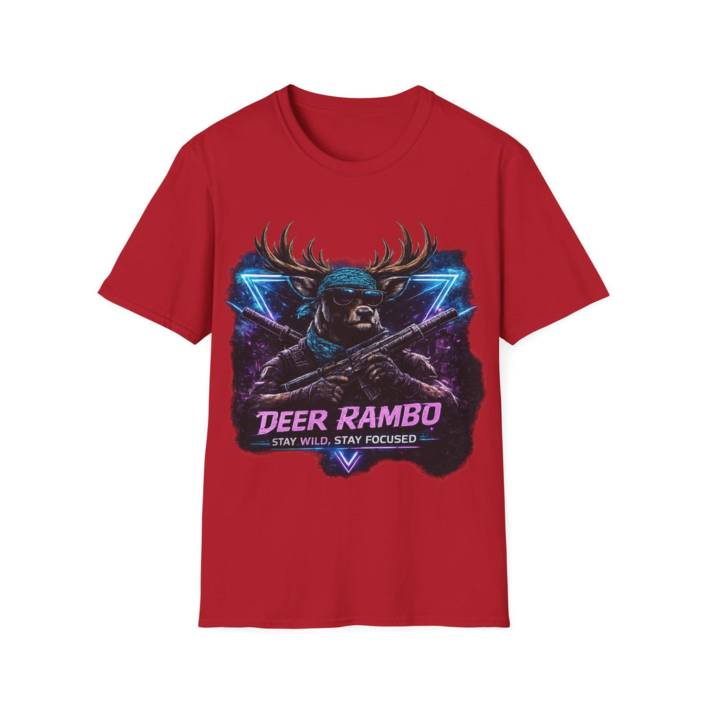 Deer Rambo Graphic T-Shirt — Neon Retro Buck Hunting Tee