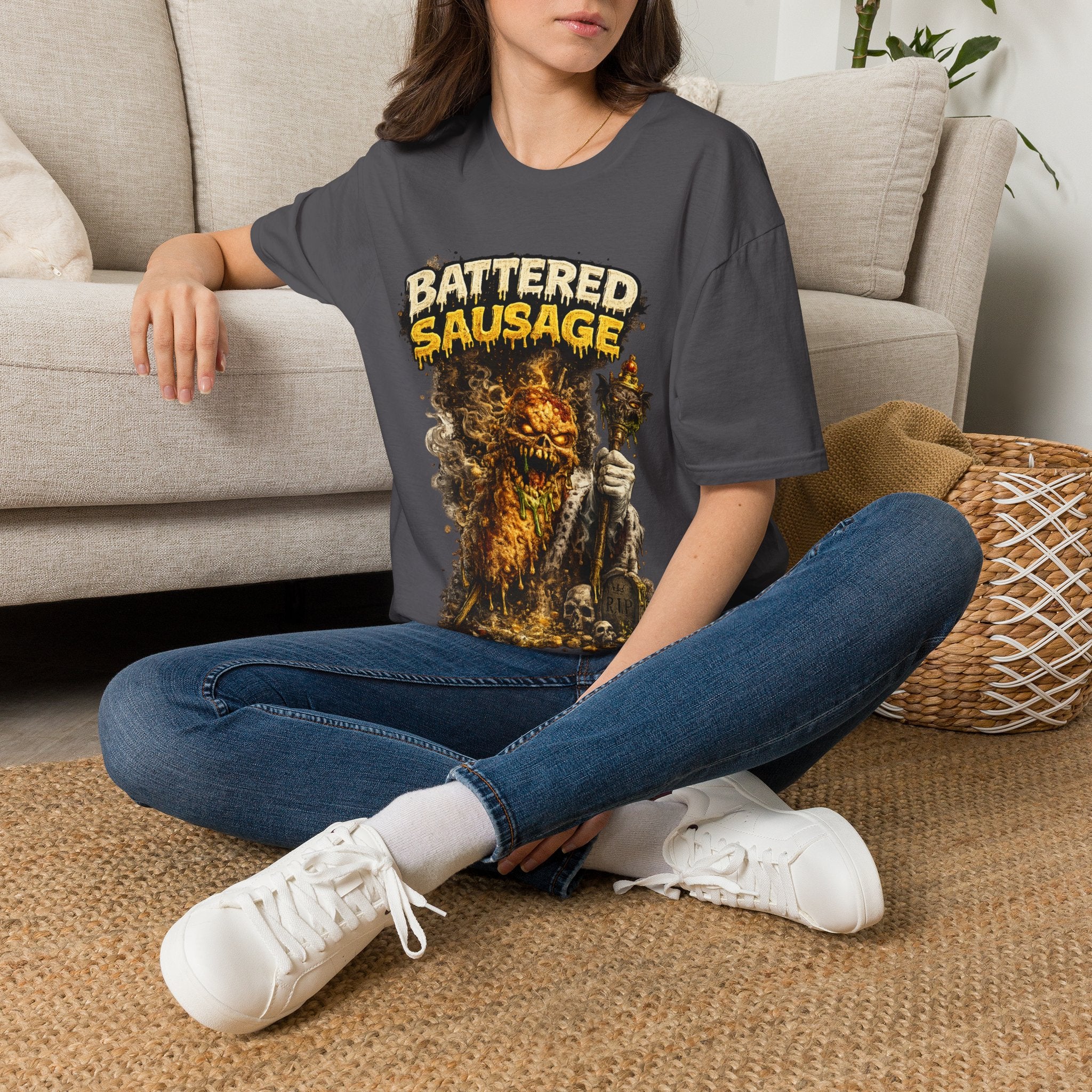 Battered Sausage Graphic T‑Shirt — Flaming Horror Band Tee