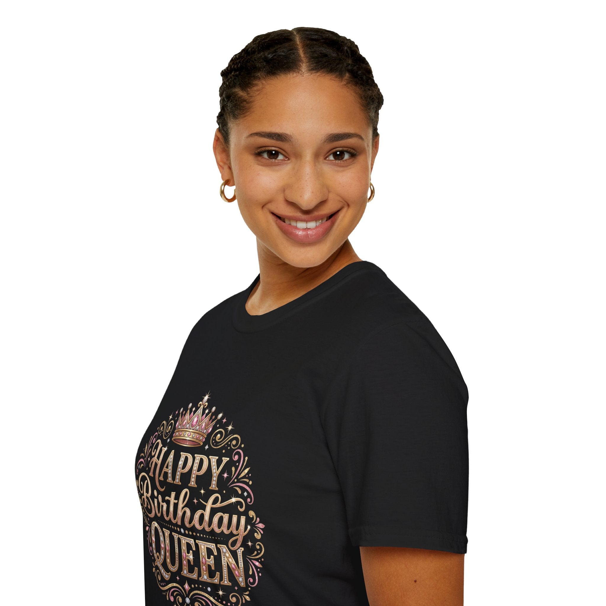 Happy Birthday Queen T-Shirt — Decorative Crown Birthday Tee for Women