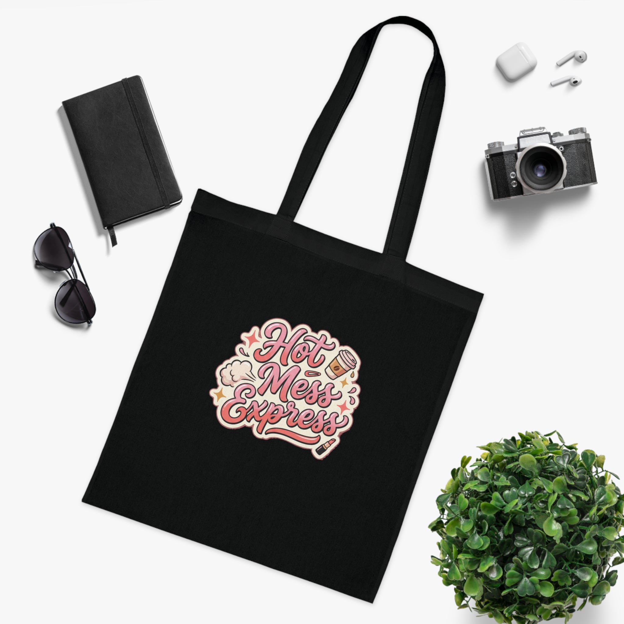 Hot Mess Express Cotton Tote — Funny Retro Coffee & Makeup Graphic Tote Bag
